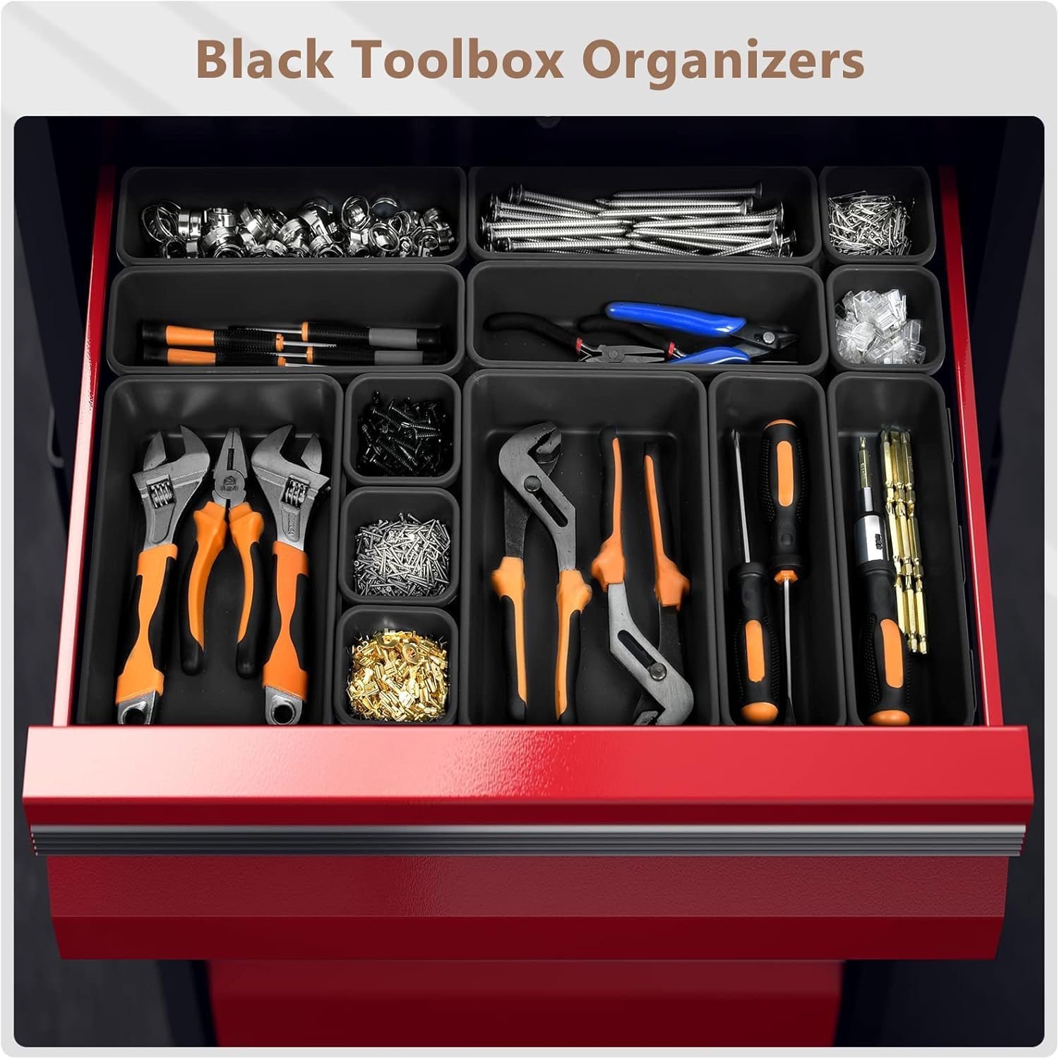 【Fits 100+ Tools】A-LUGEI【100-Piece 6-Size】Tool Organizer Tray Set - Black Plastic Drawer Dividers for Garage Cabinets, Rolling Tool Chests, Workbenches & Office Storage.