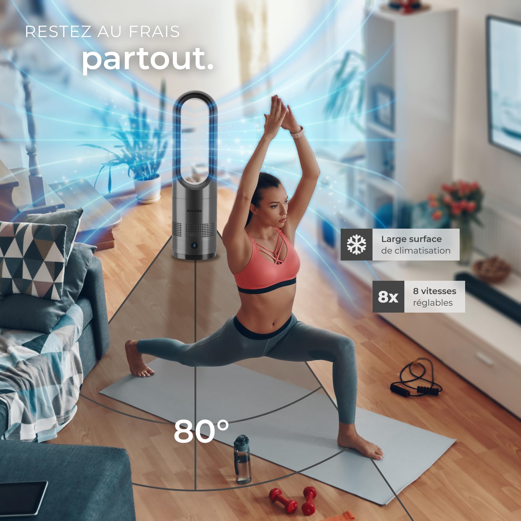tectake® Ventilateur Colonne Ventilateur Silencieux & Oscillant 80°, 8 Vitesses Minuterie avec Télécommande Ecran LED Ventilateur portable pour Bureau Chambre Salon Maison - Gris anthracite