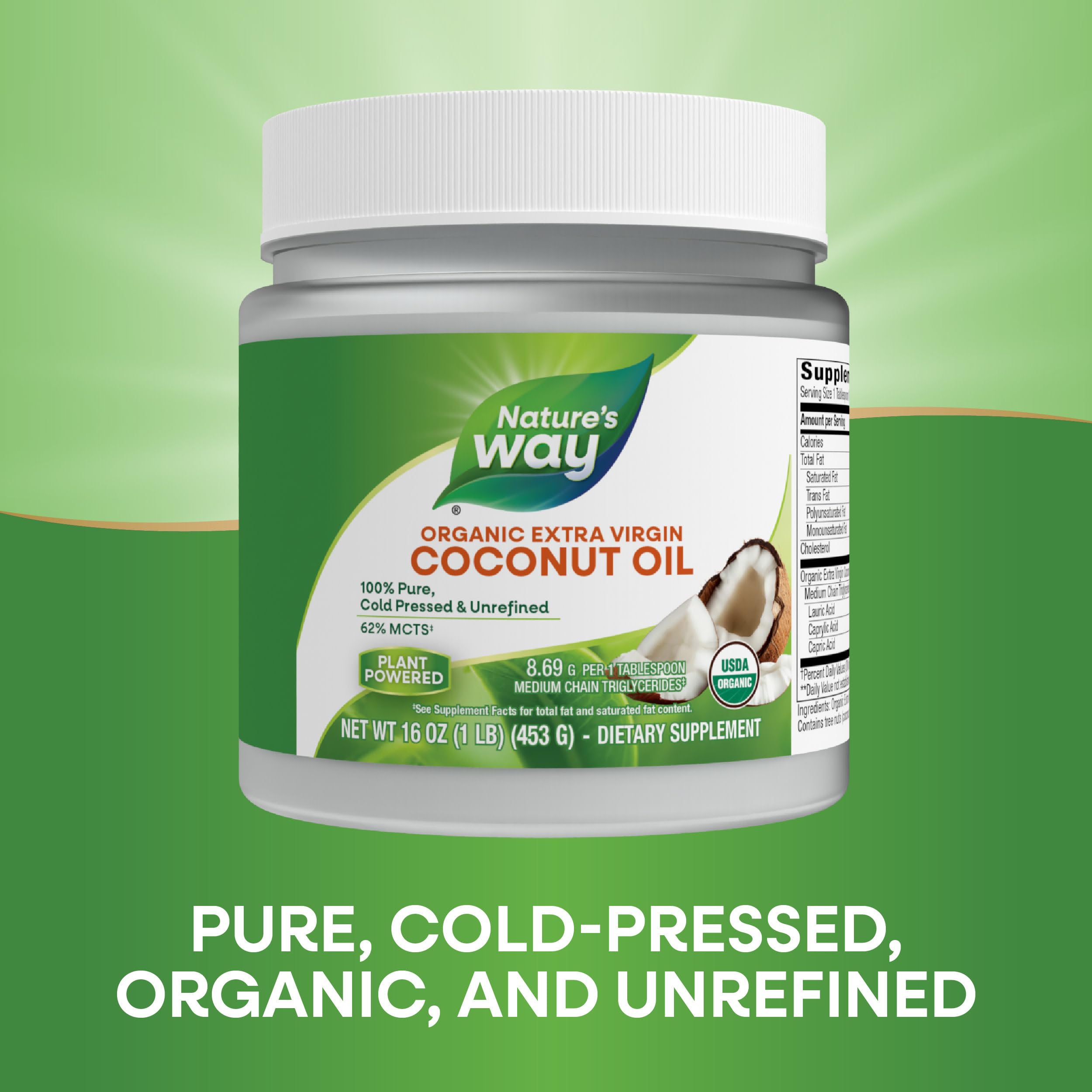 Nature's Way USDA Organic Extra Virgin Coconut Oil- Pure, Cold-Pressed, Non-GMO, 16 Ounces
