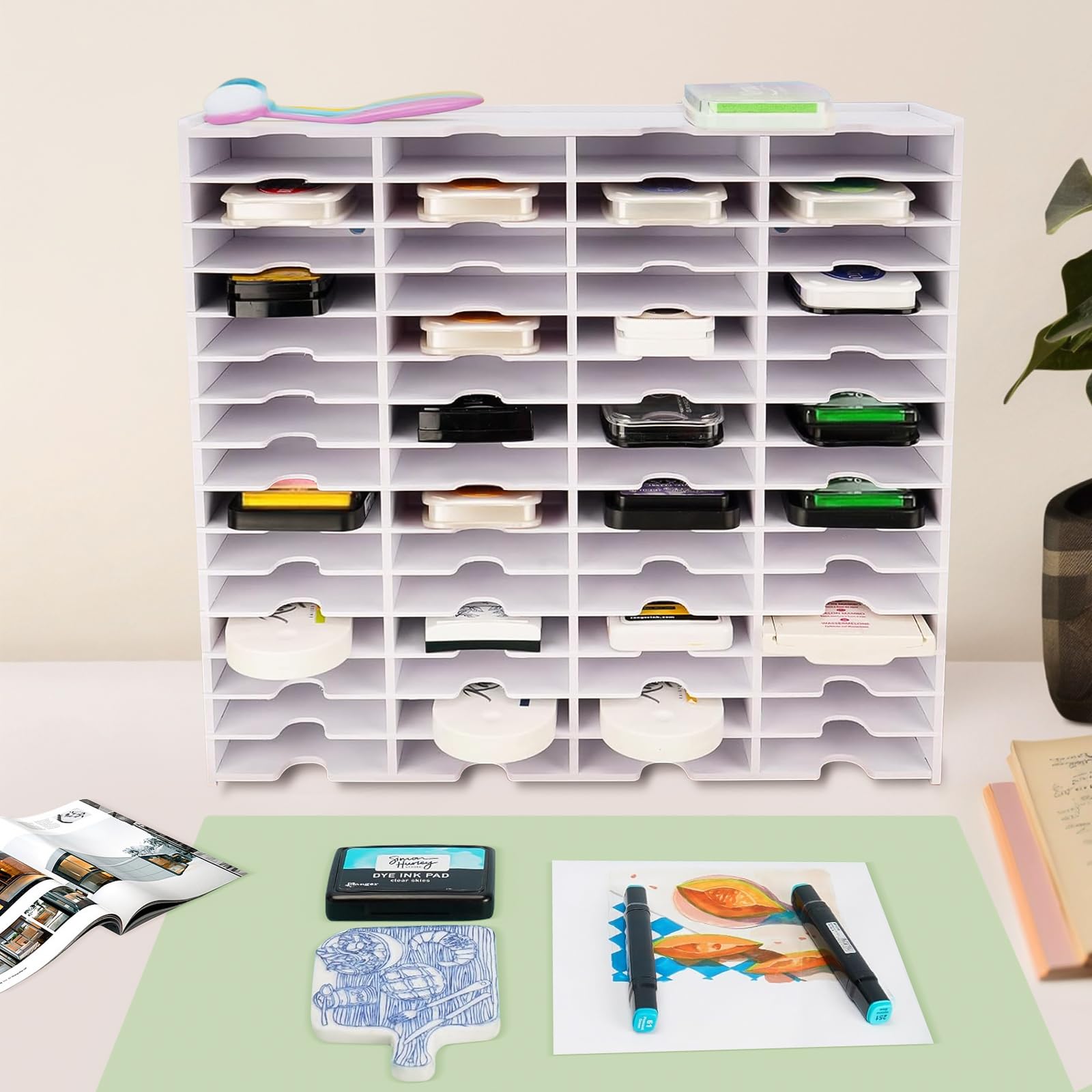 Stempelkissenhalter Ink Pad Tray Organizer Rack Aufbewahrungsbox 60 Gitter Weiß