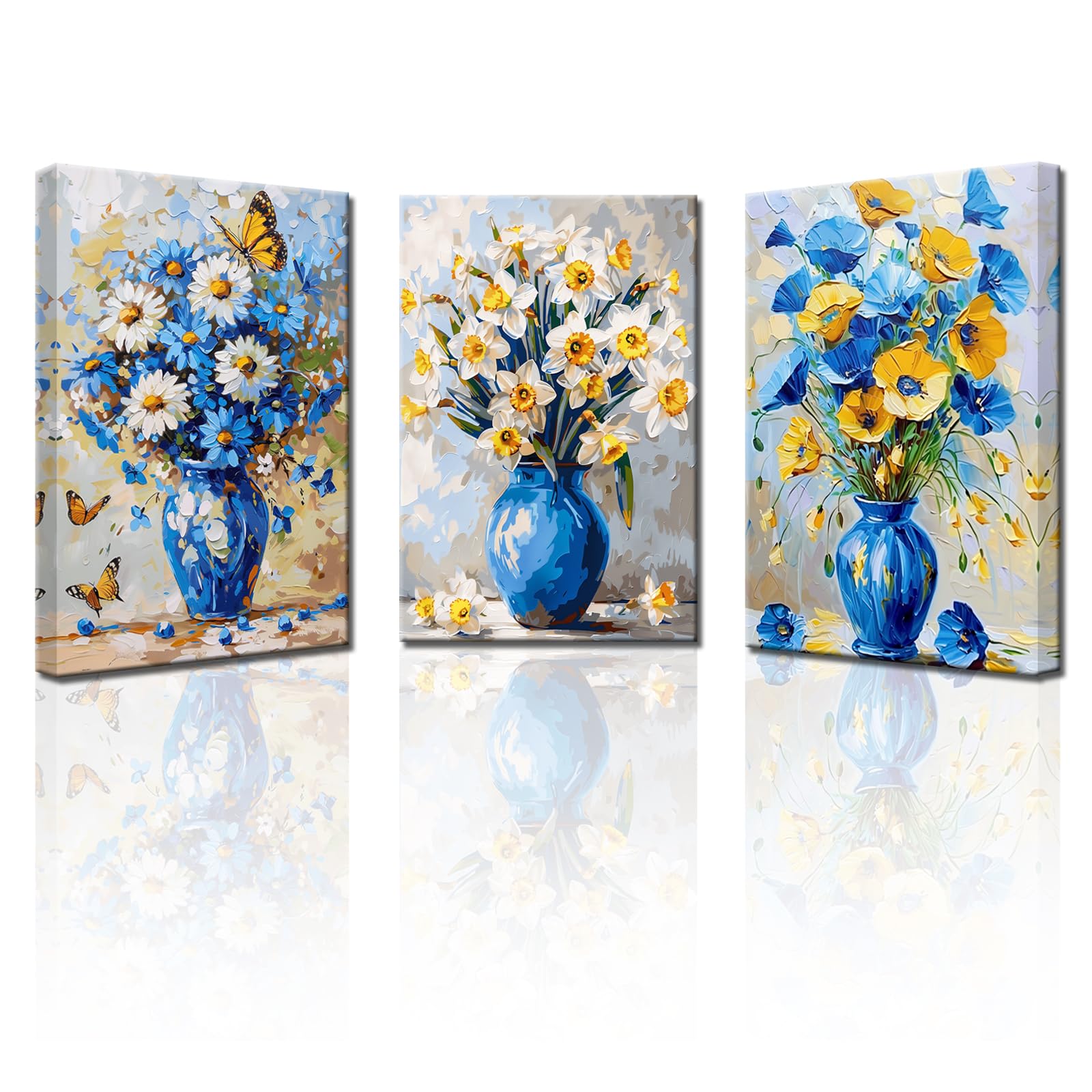 LMYSXAOZ 3Pcs Unframed Flower Canvas Wall Art Vintage Floral in Blue Vase Picture Poppy Daisy Oil Painting Prints Abstract Artwork Kitchen Bedroom Decor 08x12inch