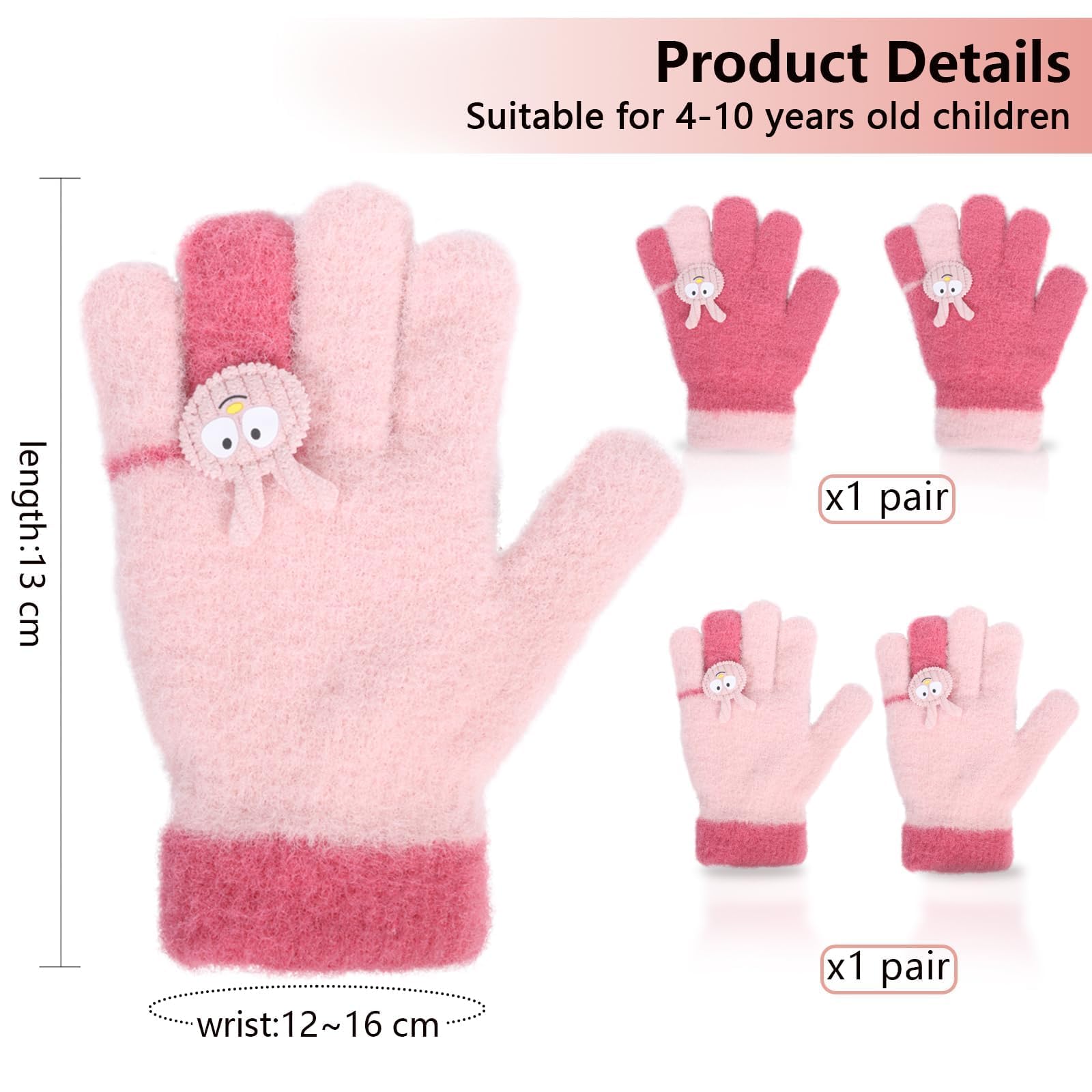 Becellen 2 Pares Lindos Guantes Niñas, Invierno Térmicos Guantes Elásticos Coloridos Mágicos Guantes Dedo Completo Cálido Guantes para Niños Uso Diario