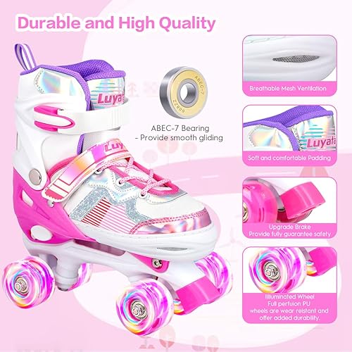 Miniatura 4 de Luyata Patines de ruedas ajustables para niñas y niños, tamaño 4 de 6 a 12 y 3 a 5 años, patines de ruedas con 8 ruedas brillantes iluminadas,