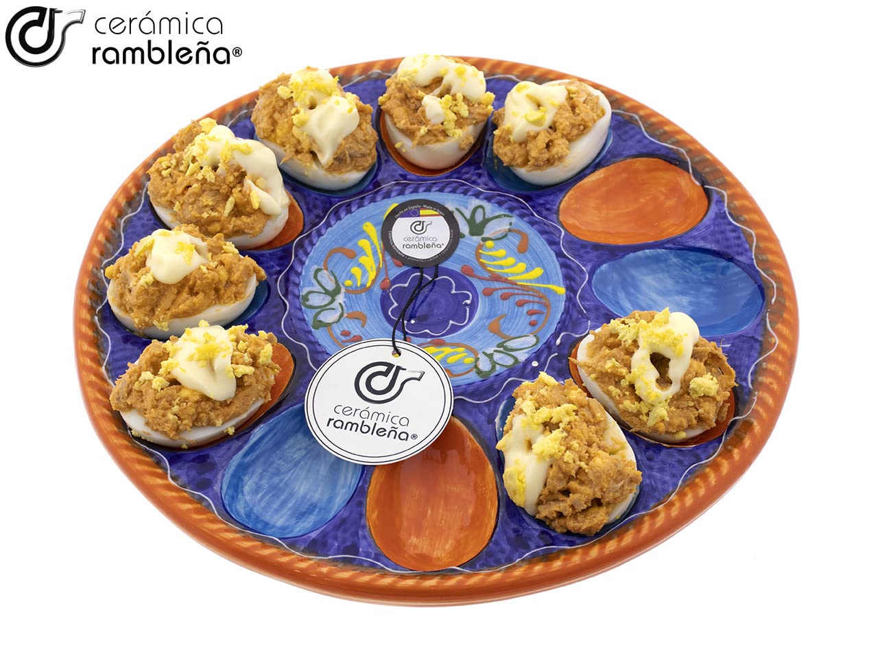 CÉRAMIQUE RAMBLEGNE | Oeuf | Assiette oeufs farcis | Plateau céramique | Œufs farcis | Oeufs assiette | Coquetier amazon | Assiette oeufs modèle M02 | Décoration 100% faite à la main | 25,5 x 25,5