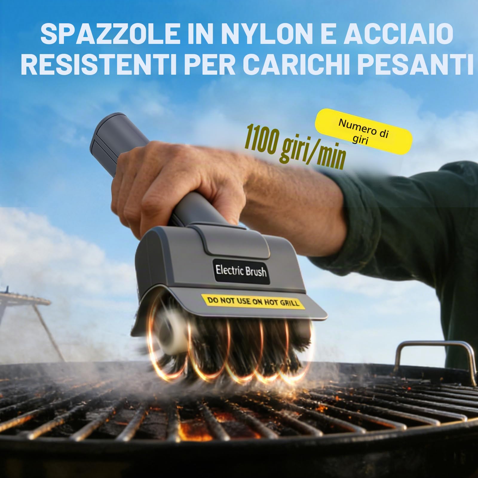 Spazzola Elettrica per Barbecue, Senza Fili Ricaricabile con Testa in Acciaio Inox, 1 Testa di Ricambio Inclusa, 350 giri/min, 60 minuti di Autonomia, per Griglie a Gas, Carbone, Smoker