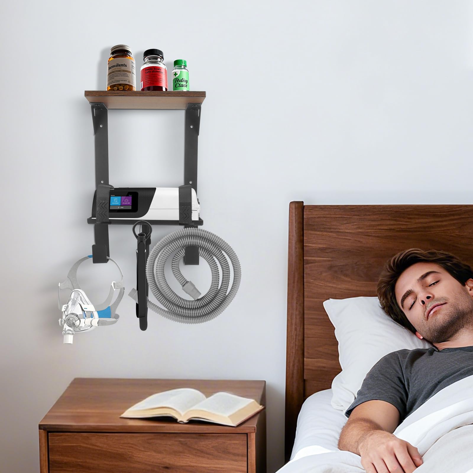 Upgrade CPAP Wandhalterung für ResMed AirSense 10 & 11 | 2-Ebenen-Organizer mit Schlauchhalter & Maskenhaken | Platzsparende Nachttisch-Alternative