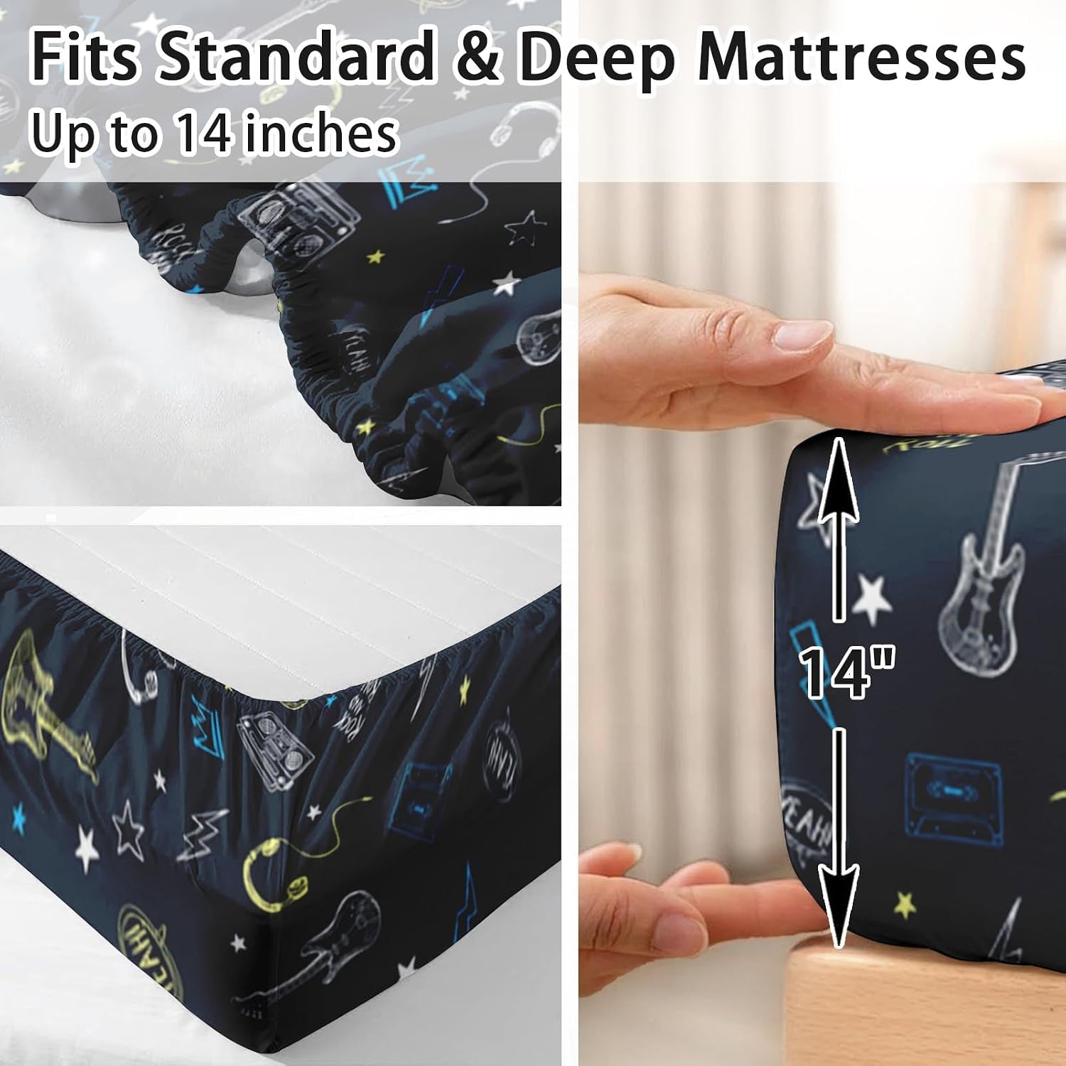 Pamnest Queen Size Bed Sheet Sets, Rock Roll Guitar Retro Microfiber 4 Pcs Bedding Sets for Kids and Adults Bedroom Bed Decor, Vintage Musical Flat Sheet, Fitted Sheet and 2 Pillowcases