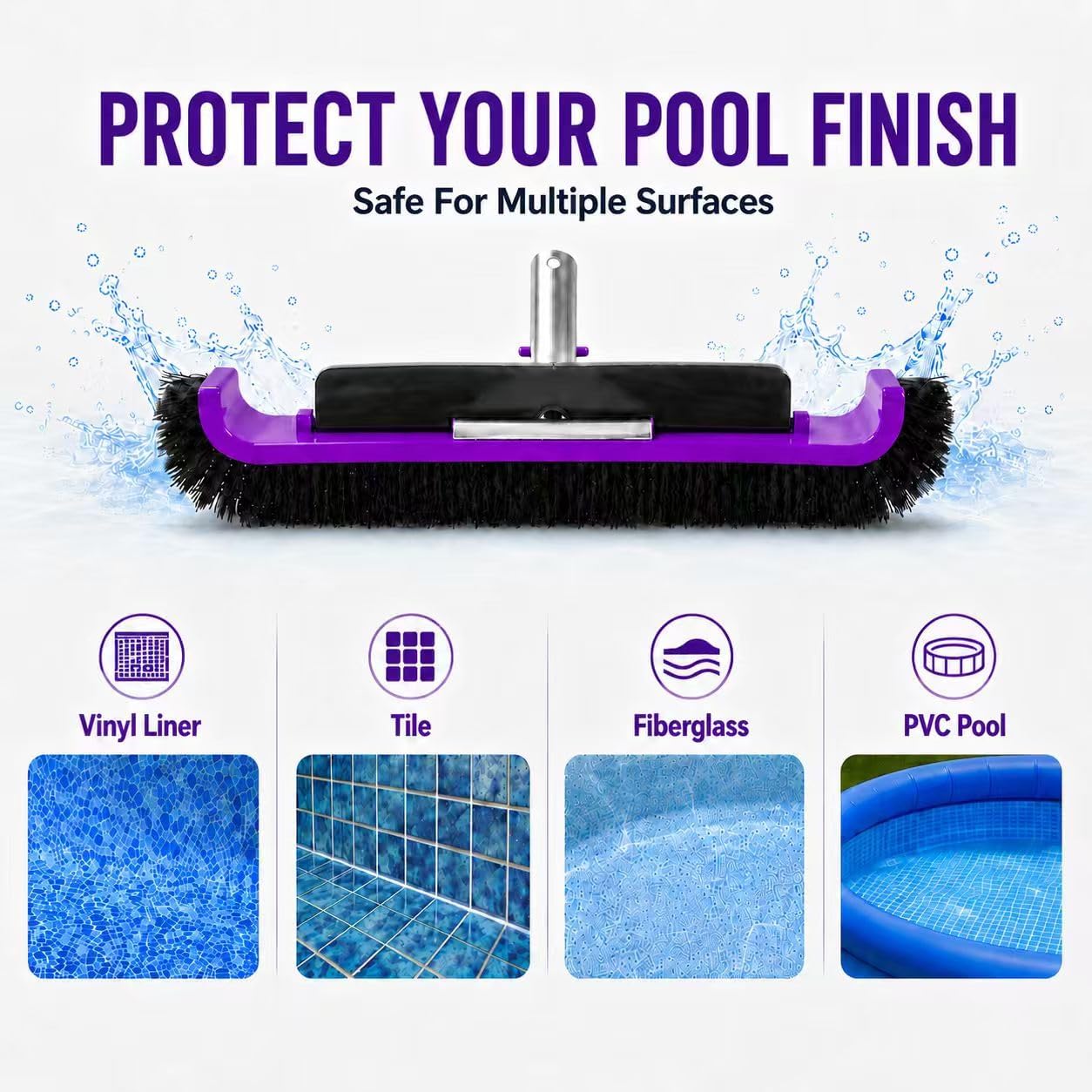 17.5" Pool Brush Head, Curved Swimming Pool Cleaning Brush with Reinforced Aluminum Back & Nylon Bristles, Heavy Duty Scrubber for Pool Walls, Tiles Floors, Purple
