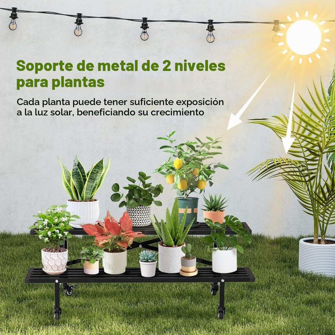 Estantería para flores con ruedas, de metal, 2 estantes, color negro, para plantas de interior y exterior, balcón