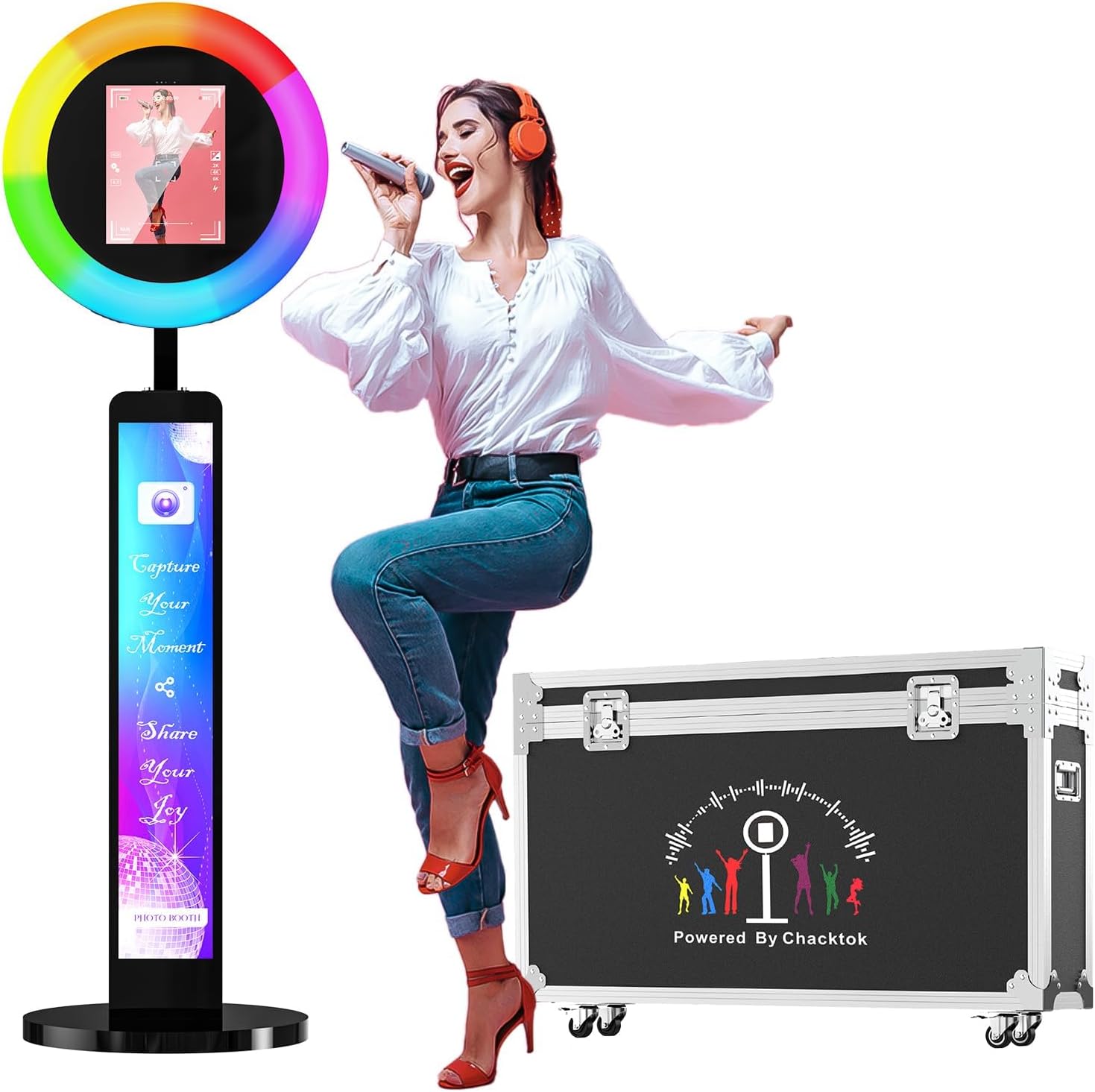 Photo Booth Compatible with Any Ipad, OHYEAHSPIN Photo Booth with Software App Control Ring Box, Music Sync,IPad Selfie Machine with Flight Case