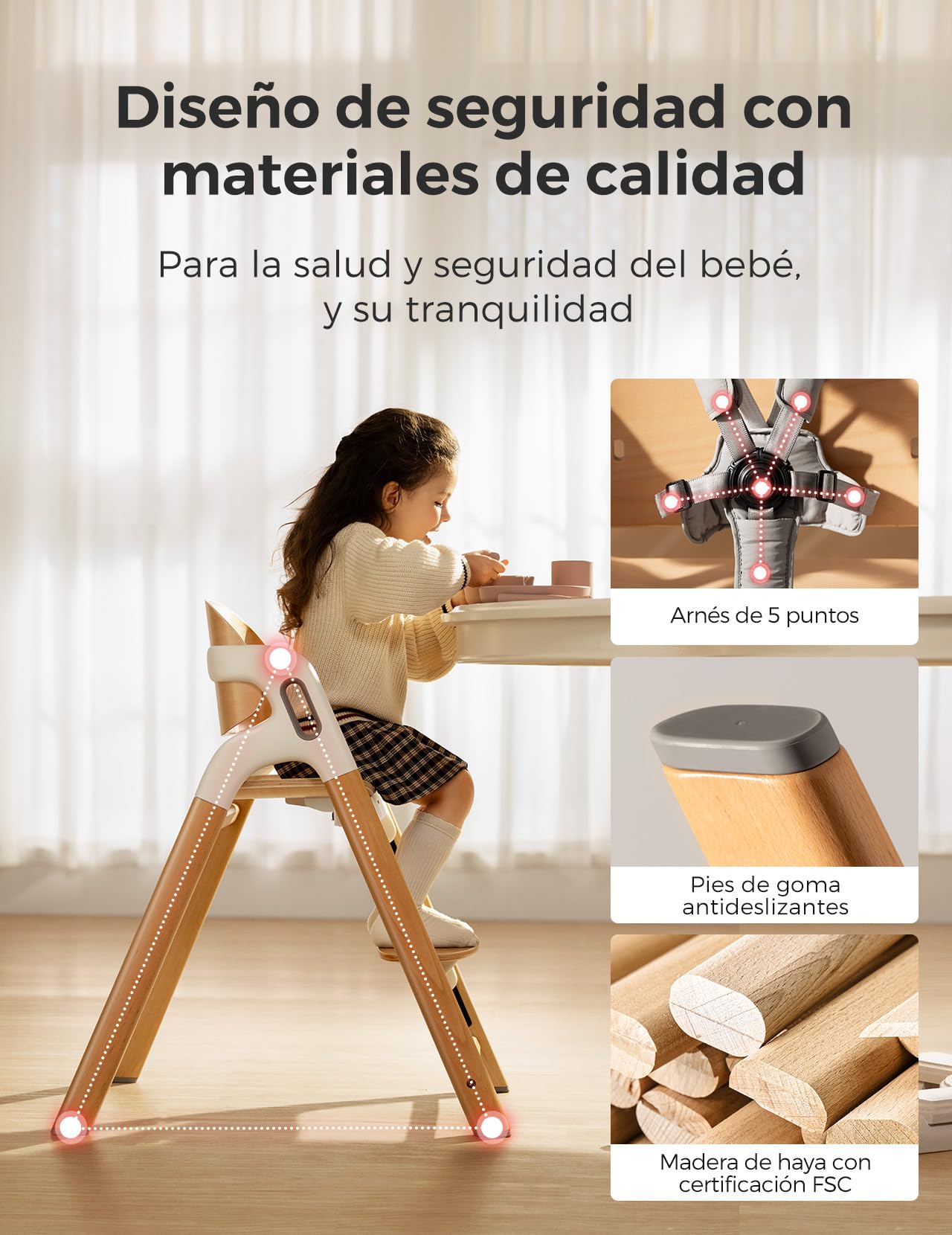 Momcozy Trona Evolutiva de Madera Narural para Niños y Adultos hasta 140 kg | Tronas de Bebe ajustable y ergonómica, con bandeja desmontable de grado alimenticio