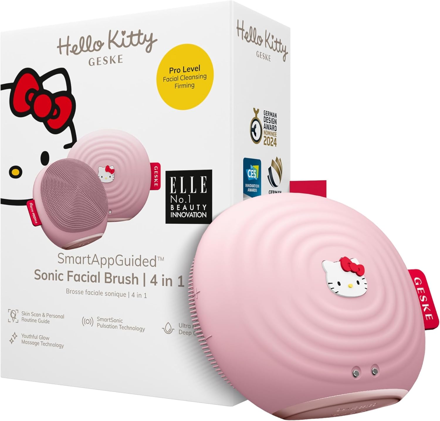 GESKE x Hello Kitty SmartAppGuided™ Sonic Facial Brush | 4 in 1 | Electric Facial Cleansing Brush | Skin Cleansing Brush | Facial Brush | Daily Skincare Routine| Facial Massager & Skin Care