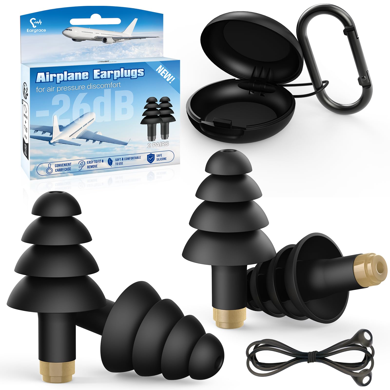 EargraceAeroplane Earplugs, 2 Pairs Airplane Silicone Ear Plugs for Adults, with Silicone Connector Cable, Travel Utensils for Flying, Ear Protection Earplugs for Airplanes, Concerts (26dB)