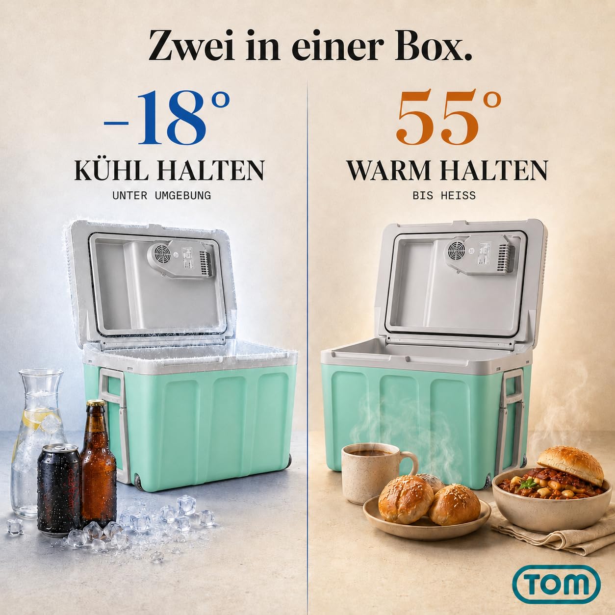 TOM 2in1 XXL Kühlbox 40l mit Kühl- und Heizfunktion – elektrische Coolbox mit Rollen – 230V & 12V Strom Anschluss – Elektrisch – für Auto, Camping, Wohnwagen & Co – Plus Geschenk