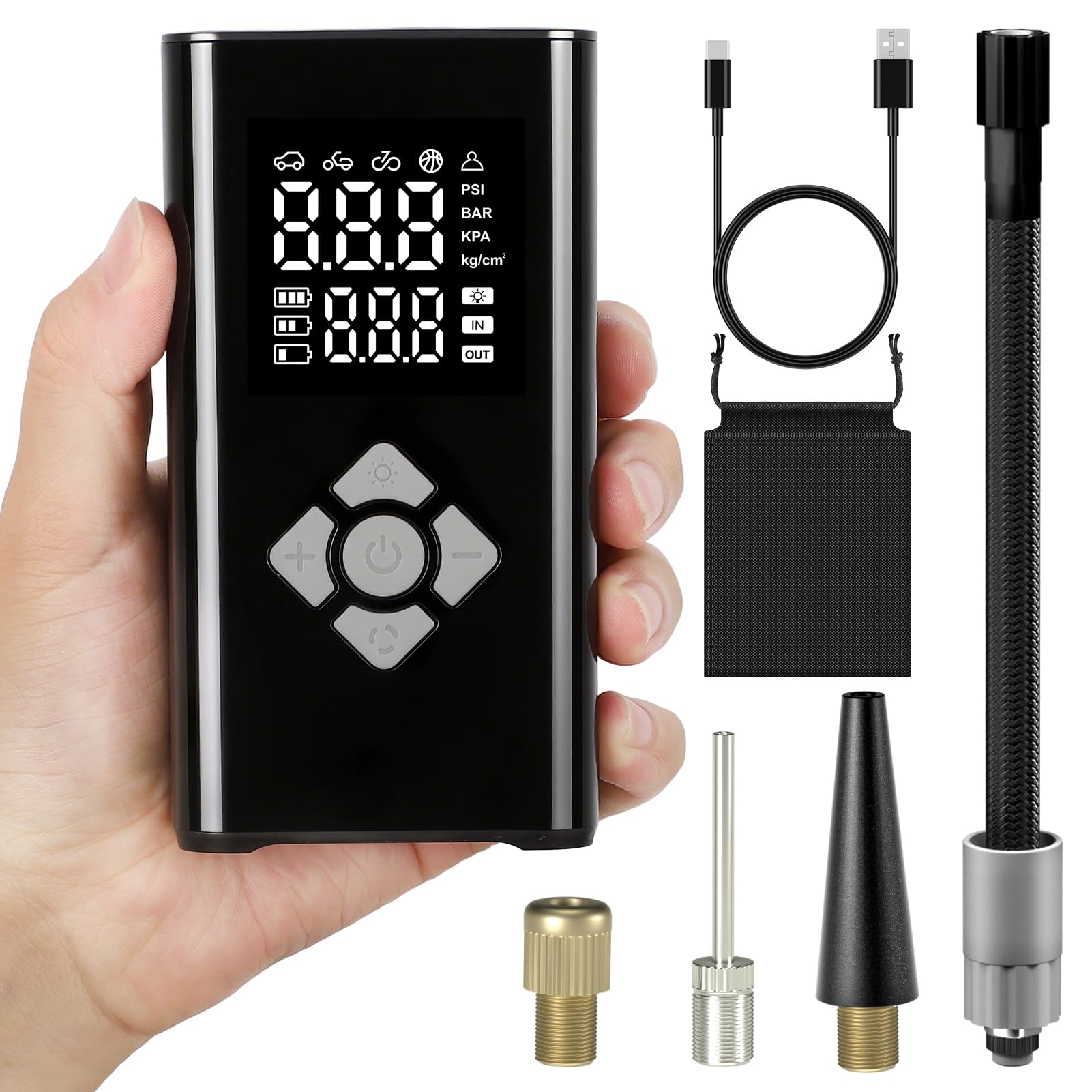 TECHCYC Pompa Aria Elettrica Compressore Portatile 150PSI, Pompa Bici con Arresto Automatico e Luce LED, 7.4V 4000mAh per Auto, Moto, Bici, E-Bike e Palloni, Ricarica USB-C