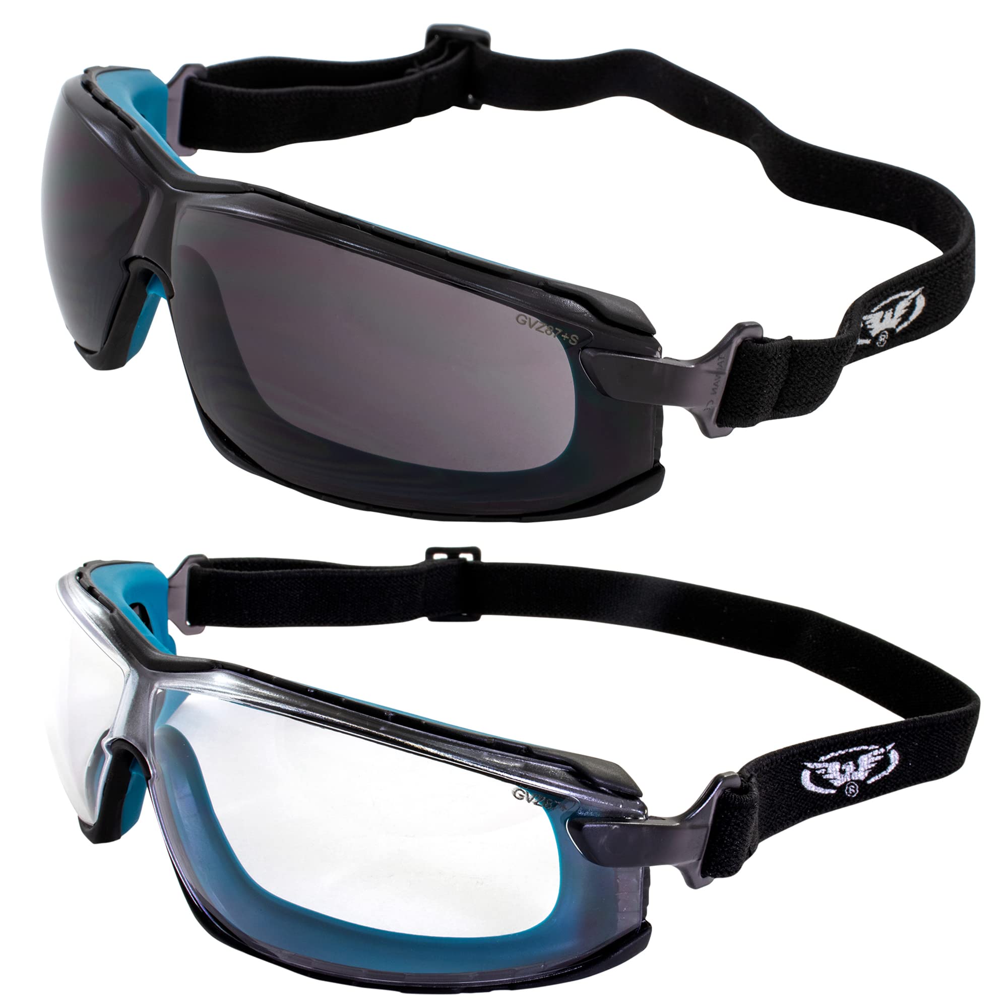 Global Vision Sunn Up Motorcycle & Safety Goggles ANSI Z87.1 Scratch-Resistant Anti-Fog 2 Pair Clear & Smoke Lenses (Blue-Smoke/Blue-Clear)