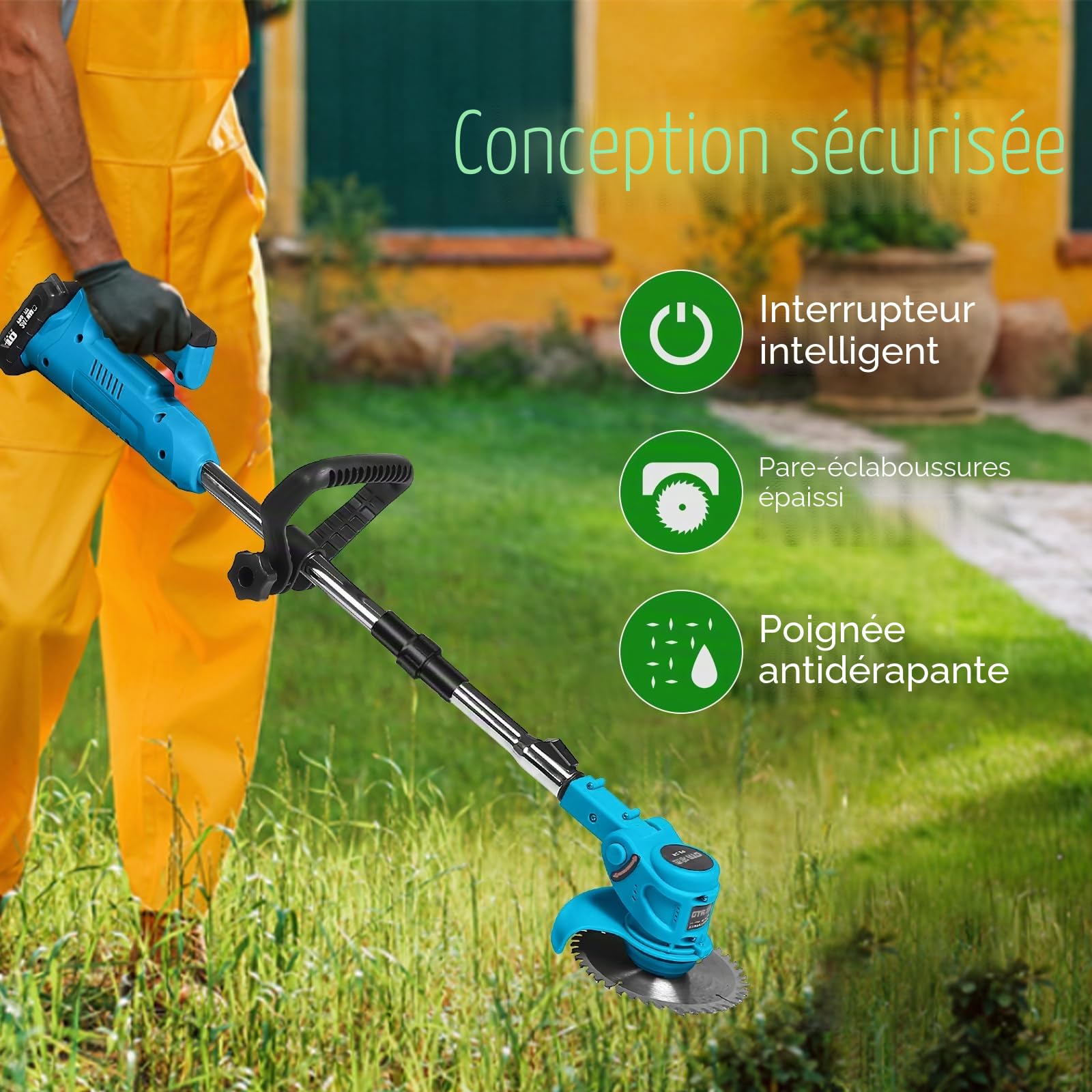 Tondeuse à gazon électrique 21V 800W 18000 tr/min manche télescopique 90-120 cm pliable 5 lames