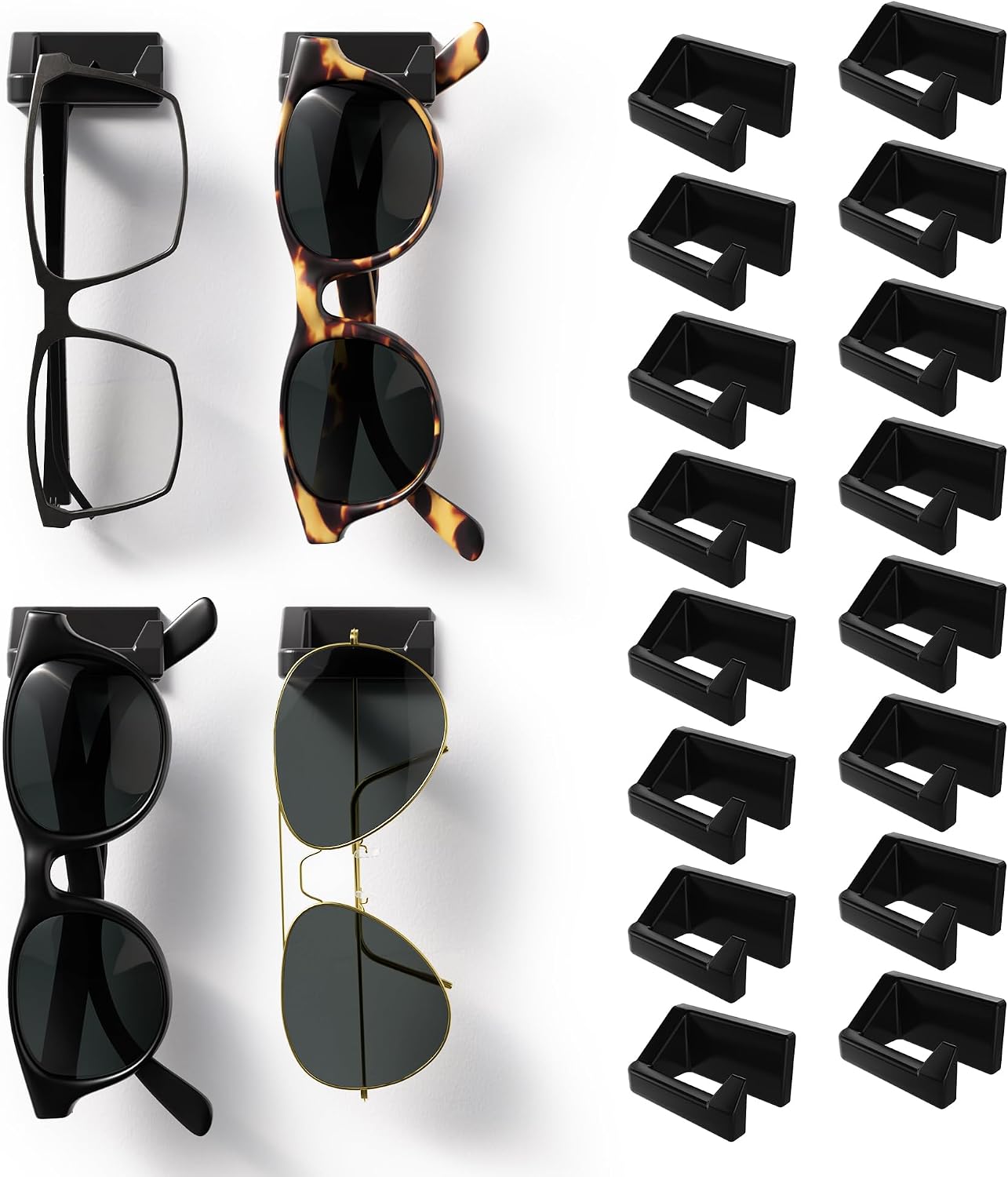 MELEN Adhesive Sunglass Organizer Wall (16-Pack) - Strong and Compact Glasses Holder, Sunglass Holder for Car and Wall - Black