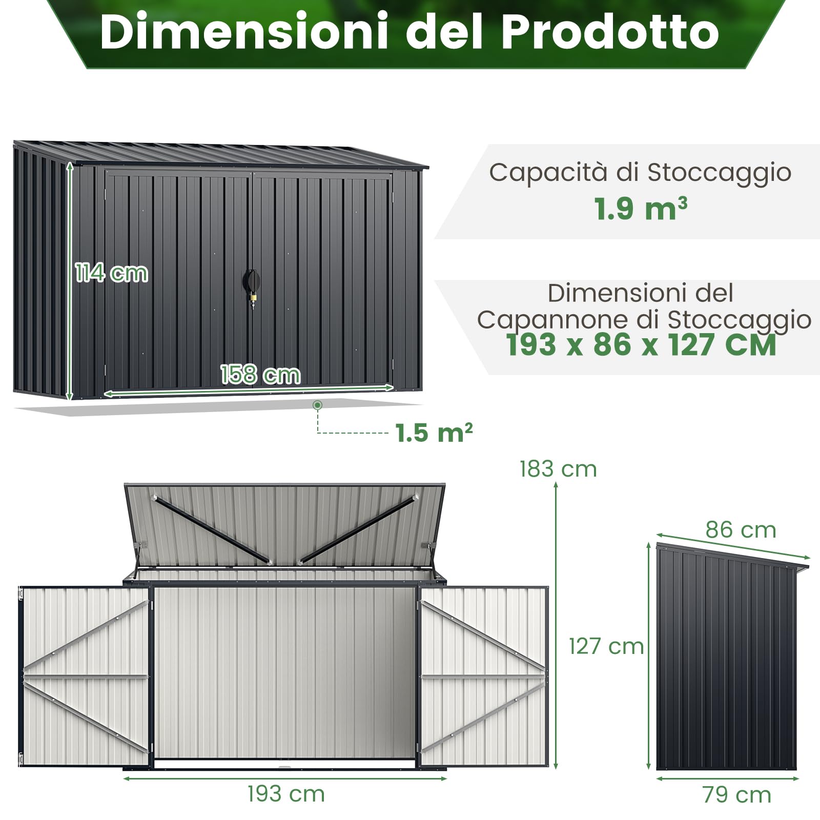COSTWAY Copribidone Spazzatura Esterno Doppio, Casetta Porta Attrezzi da Giardino in Metallo Zincato con Porta Bloccabile, Tetto Apribile e Struttura a Scatto
