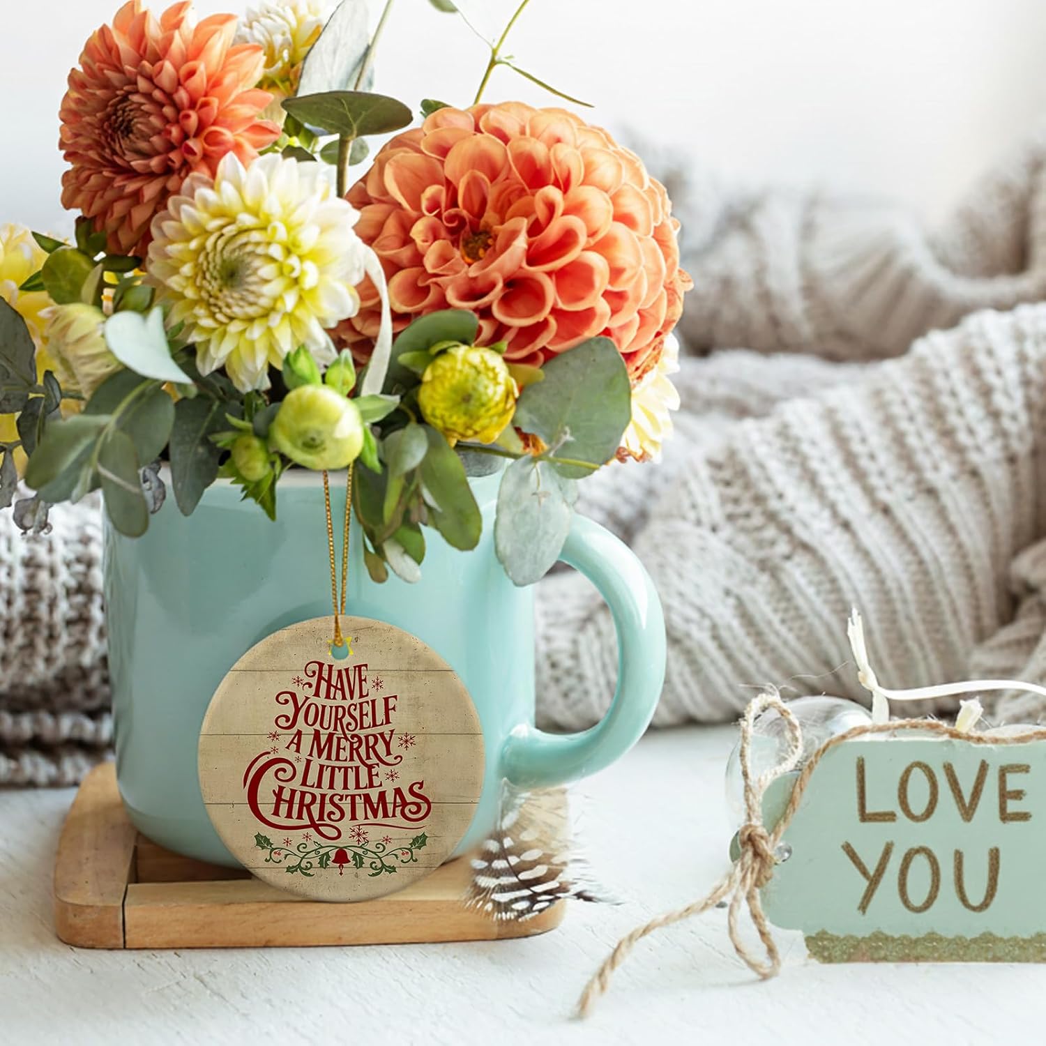 Have Yourself A Merry Little Christmas Tree Ceramic Ornaments, Farmhouse Vintage Hanging Round Holiday Ornament Decor, Rustic Winter Gifts Keepsake for Women Car Window Decorations 3in - Image 6