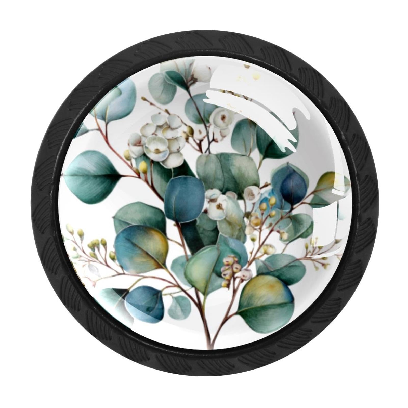 CHENZZZZ 4 Pack Black Eucalyptus Branches Leaves (1) Drawer Knobs, Cabinet Knobs Round Glass Knobs for Kitchen Cabinet Hardware Bathroom 35MM