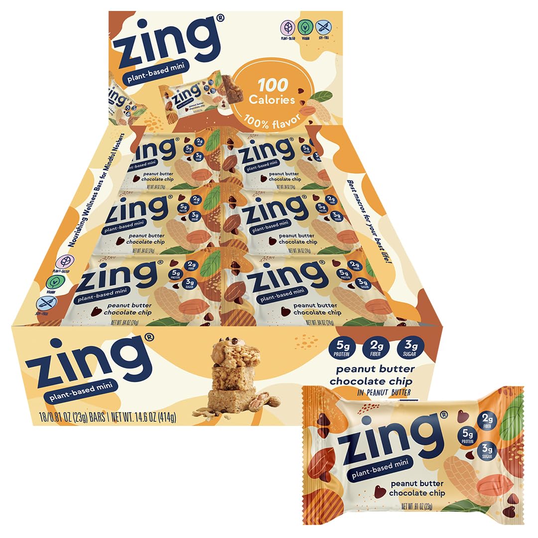 Zing Peanut Butter Chocolate Chip Kids Vegan Protein Bars, Gluten Free 100 Calorie Minis, Dairy Free Nutrition Bars, Plant Based Protein, Kosher, Soy Free, No Sugar Alcohols - 18 count
