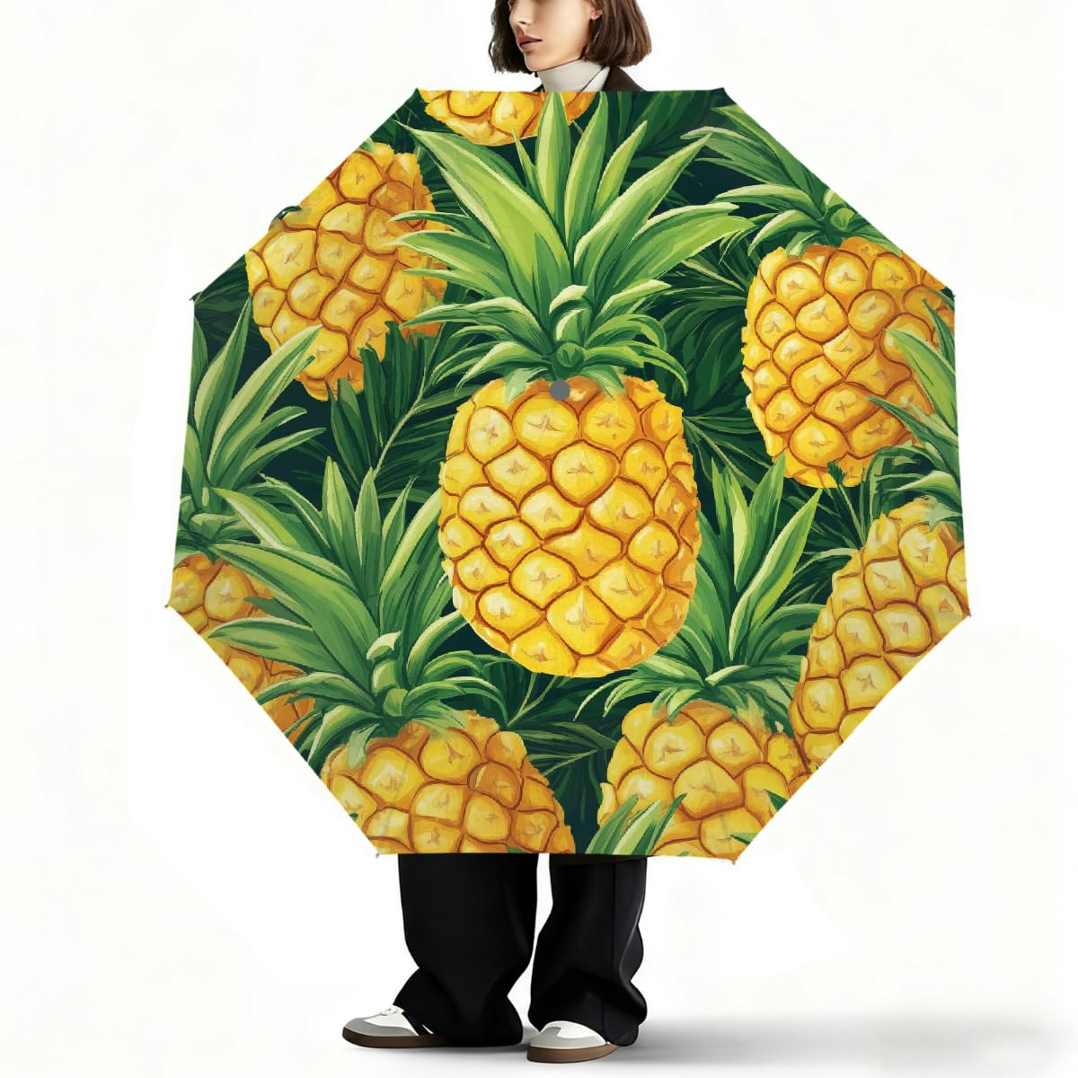 Ombrello pieghevole con motivo di ananas giallo, ombrello da viaggio, compatto, antivento, impermeabile, con protezione UV, rivestimento nero, leggero, 8 costine, portatile, per pioggia e sole