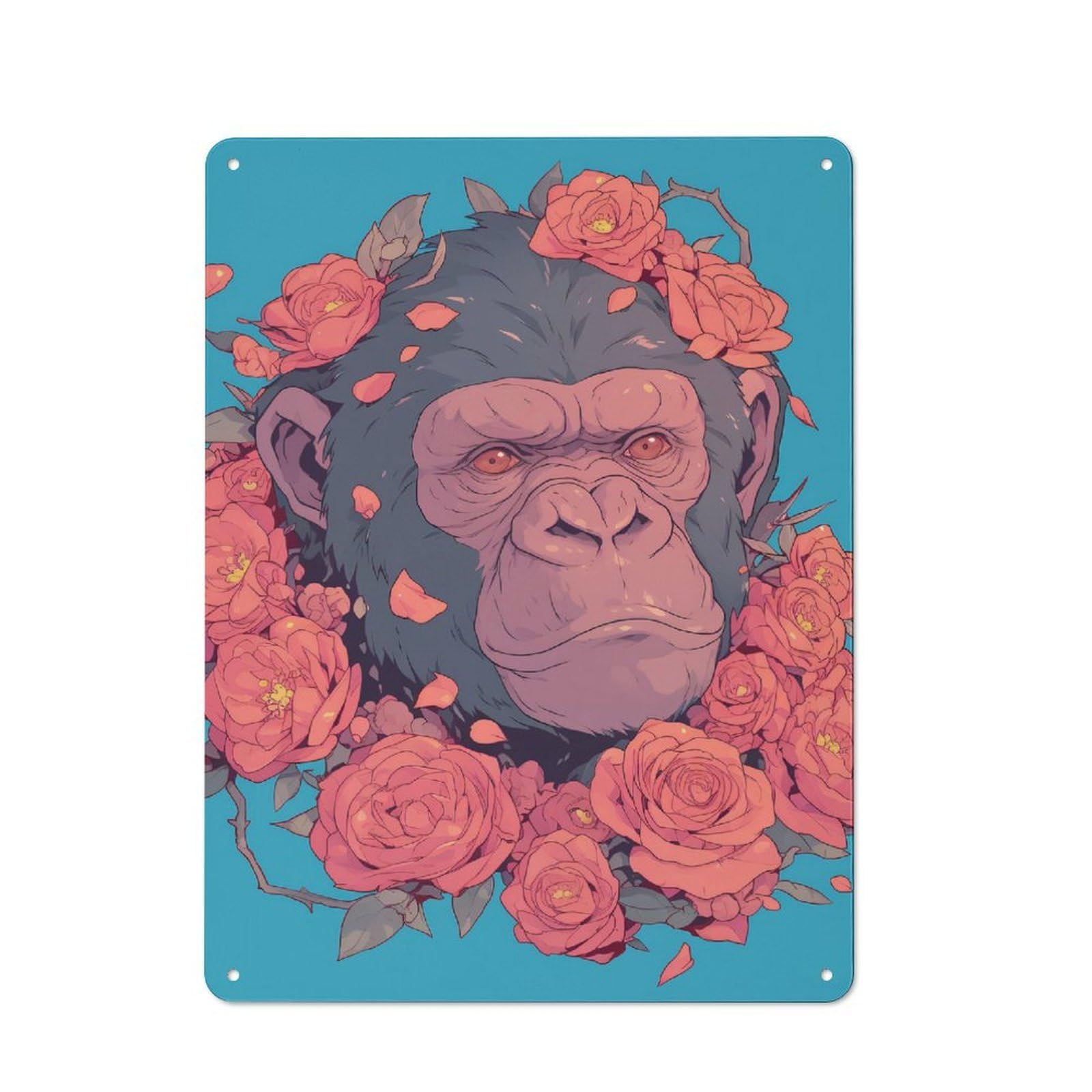 Junmoney Style Shed Decorative Metal Plaque 40X30cm Featuring Chimpanzee With Roses Digital Art, Porch Wall Decor For Patio Bar, Workshop, Shed Or Kitchen