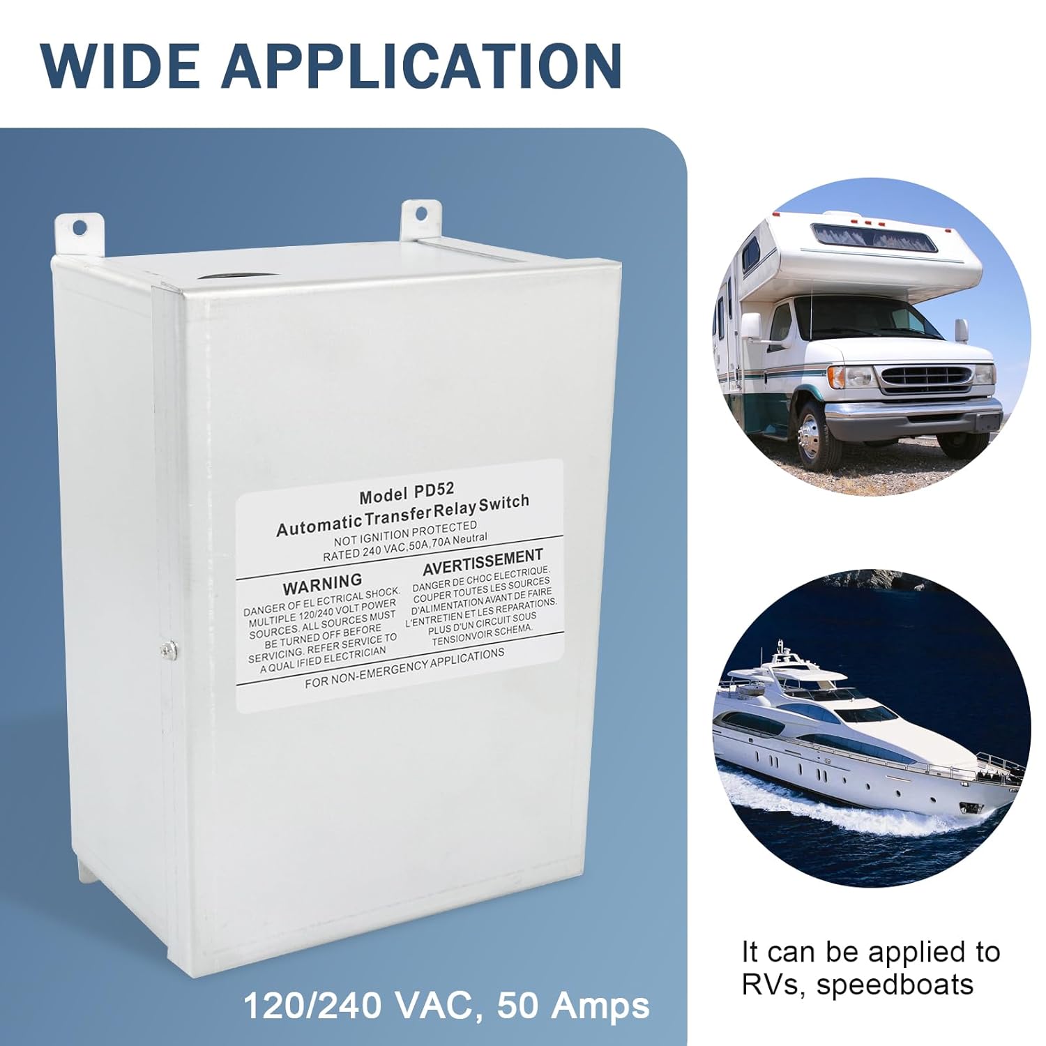 RV Automatic Transfer Switch, Rated 240VAC 50A 70A Neutral - Applied to RV, Speedboats, 120/240 Volt Power Sources