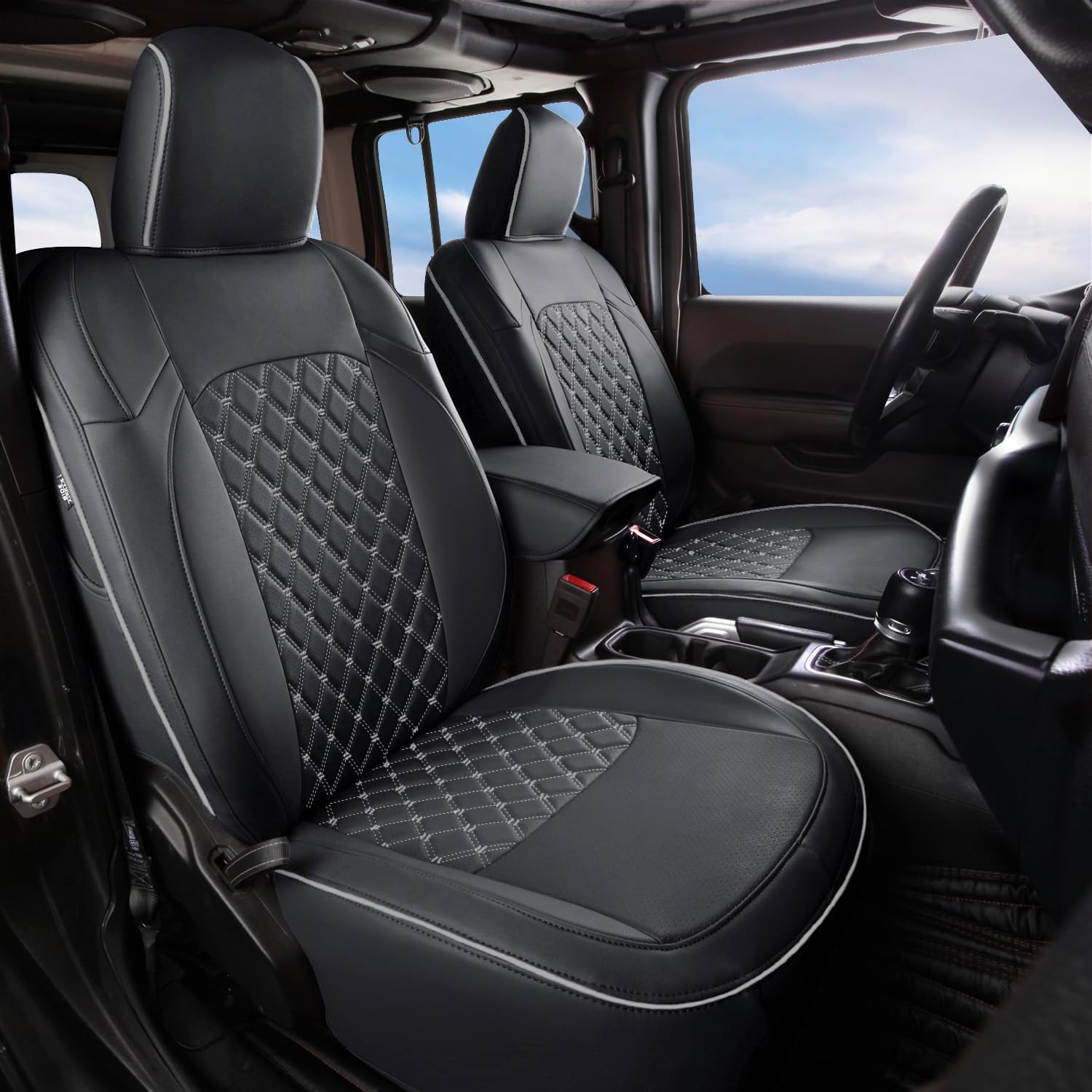 GIANT PANDA Jeep Wrangler 4 Door JL 2018-2026 Full Set Car Seat Covers for Sahara Sport Rubicon Willys Without Rear Cup Holder, Customized Faux Leather - (Black+Gray)