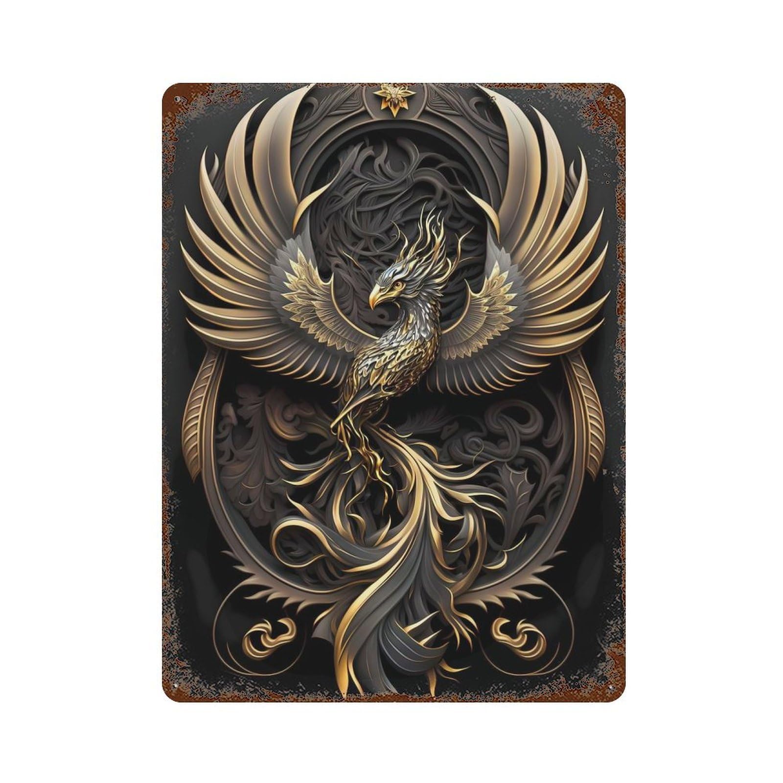 Distressed Metal Wall Sign Apex Golden Phoenix 15.7"x11.8", Old School Wall Decor for Bistro, Counter And Cafe Decor
