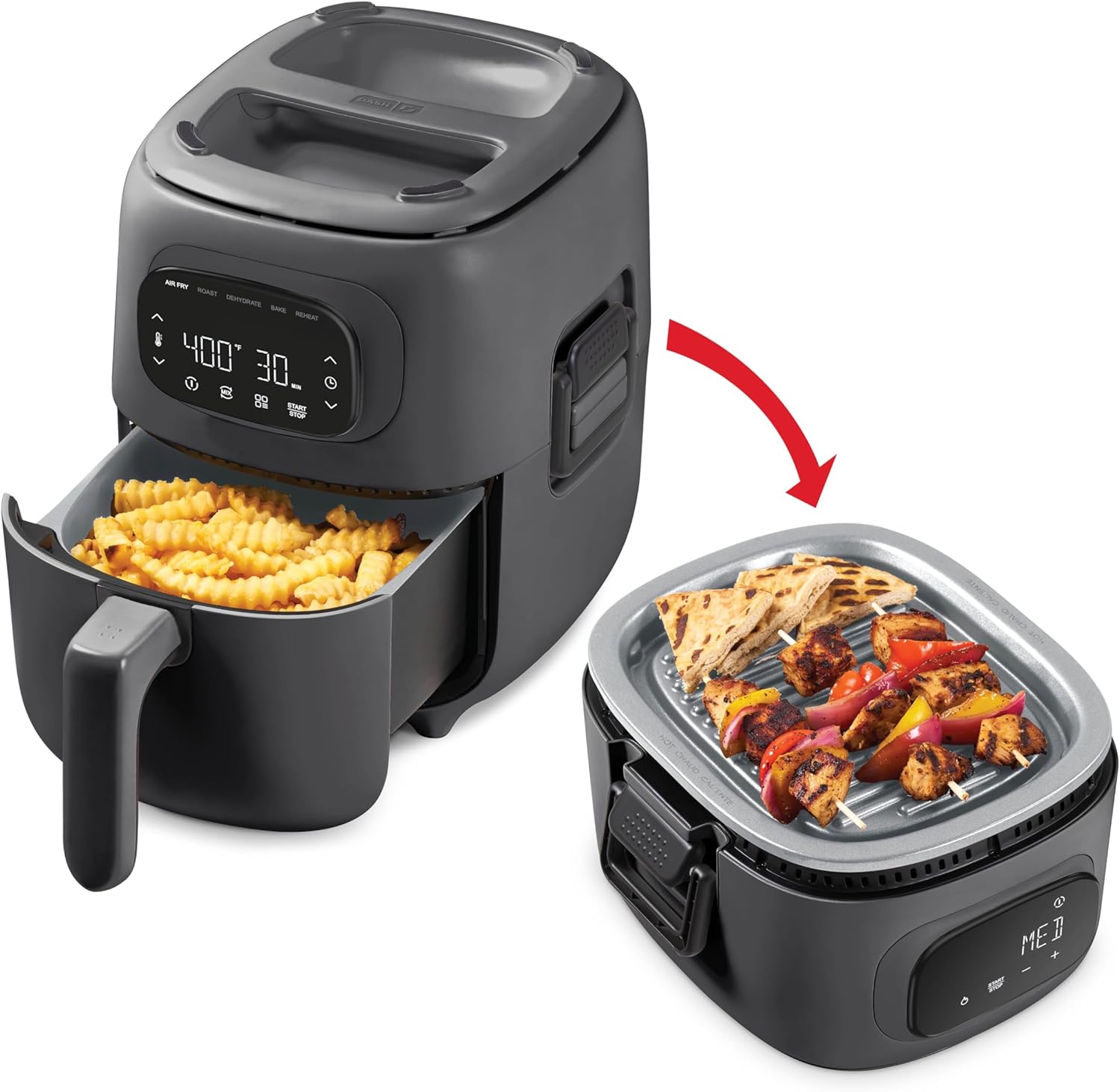 Dash Flip & Fry™ Digital 2-in-1 Grill + Air Fryer with 5 functions, 3 Qt Capacity, Air fryer & Indoor Grill for fries, wings, burgers and more – Forged Iron