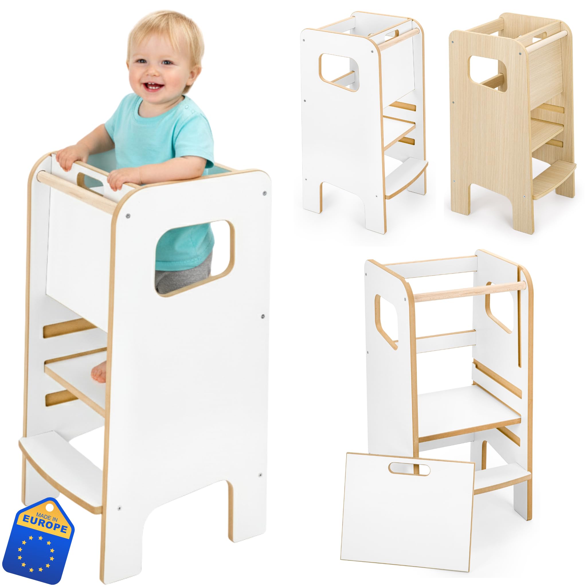 Montessori Lernturm für Kinder mit Riegel – weißer Küchenhelfer Tritthocker für Kleinkinder, sicher & geschlossen, mit Sicherheitsriegel, höhenverstellbar, Elternliebling, modern & stabil
