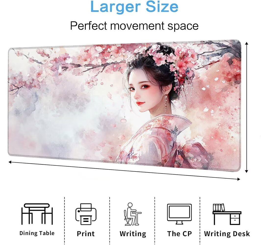 Podkładka pod mysz, duża, gamingowa podkładka pod mysz, XXL, Geisha, 600 x 1200 x 3 mm, podkładka na biurko, antypoślizgowa, gumowa podstawa, wodoodporna i trwała, podkładka pod klawiaturę, do gier