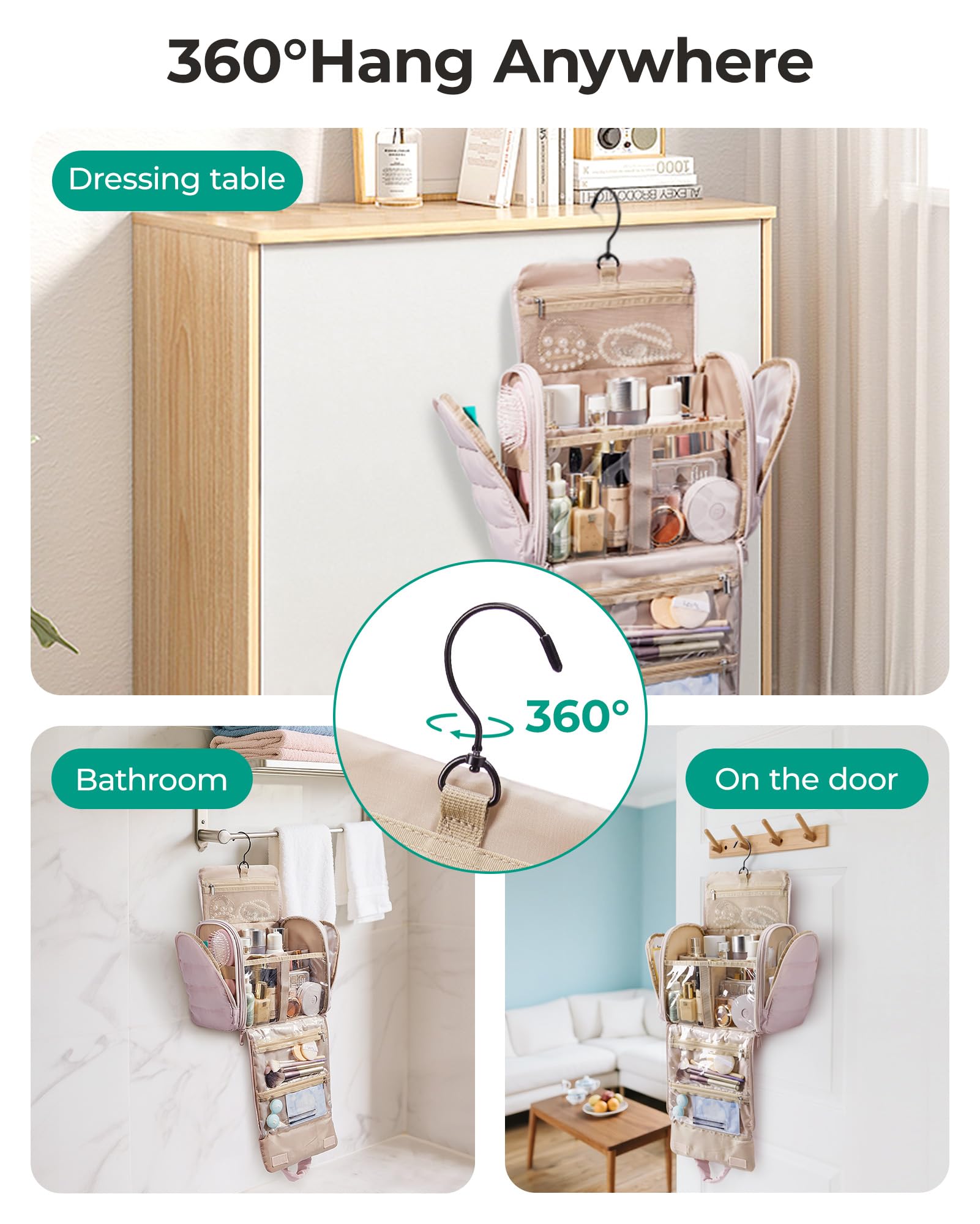 BAGSMART Trousse de maquillage de voyage gonflée, organiseur de toilette portable à suspendre avec séparation amovible, organiseur pour shampooing, après-shampooing, brosses, accessoires de maquillage