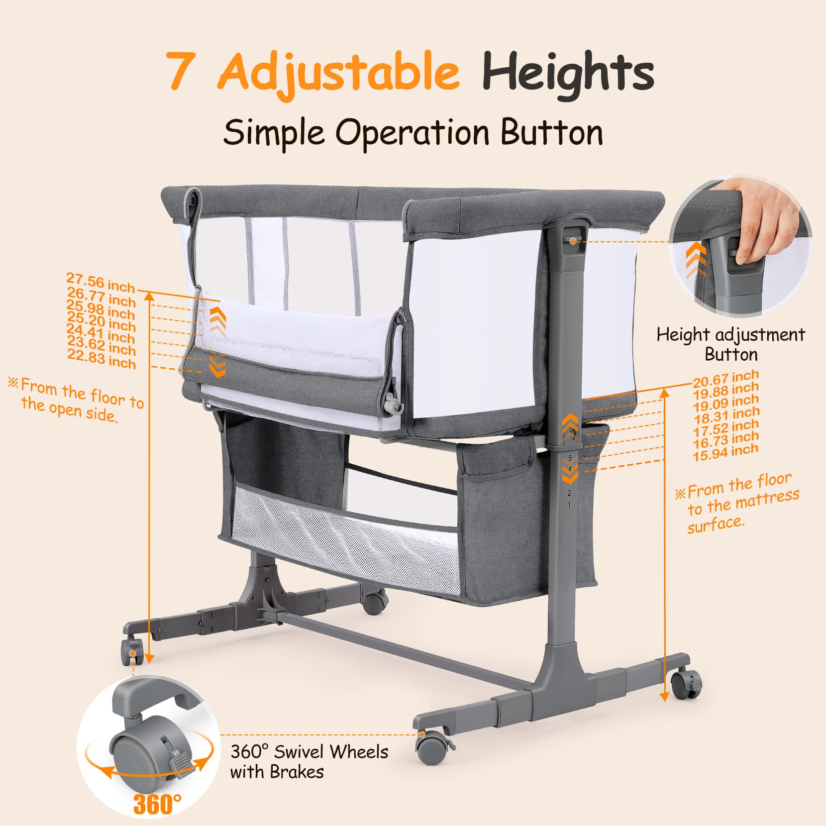 Culla Fianco Letto per Neonati, Lettino Co-Sleeper Regolabile in 7 Altezze con Ruote, Materasso e Cesto Portaoggetti, Culla Portatile per Camera da Letto grigio scuro