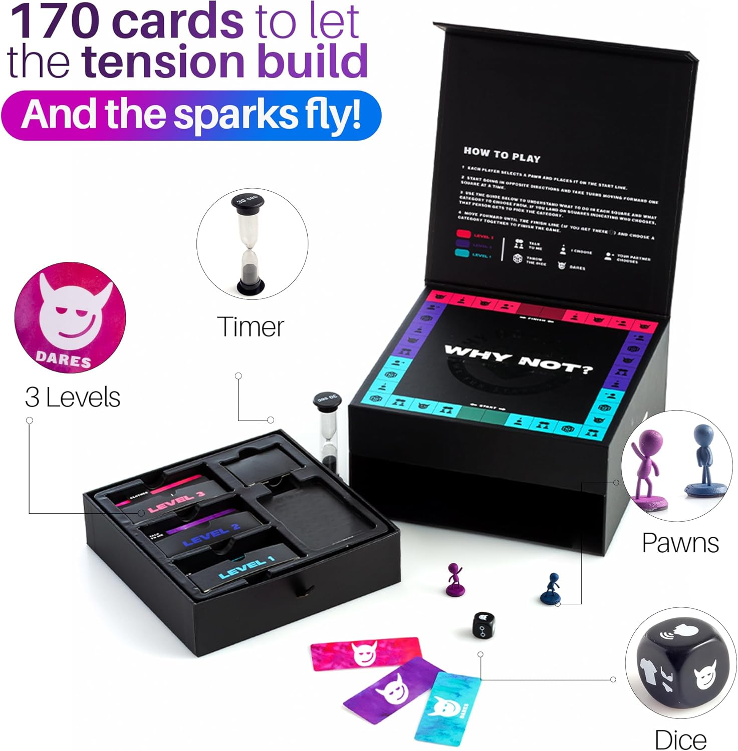 Why Don't We - Why Not? Fun and Romantic Board Game for Couples - 170 Cards with Conversations Dares and More for 2 Players - Image 3