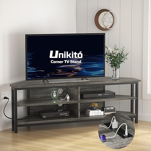 Miniatura 9 de Unikito Soporte de TV de esquina de 55'' con toma de corriente, centro de entretenimiento con 4 estantes de almacenamiento abiertos, marco de metal