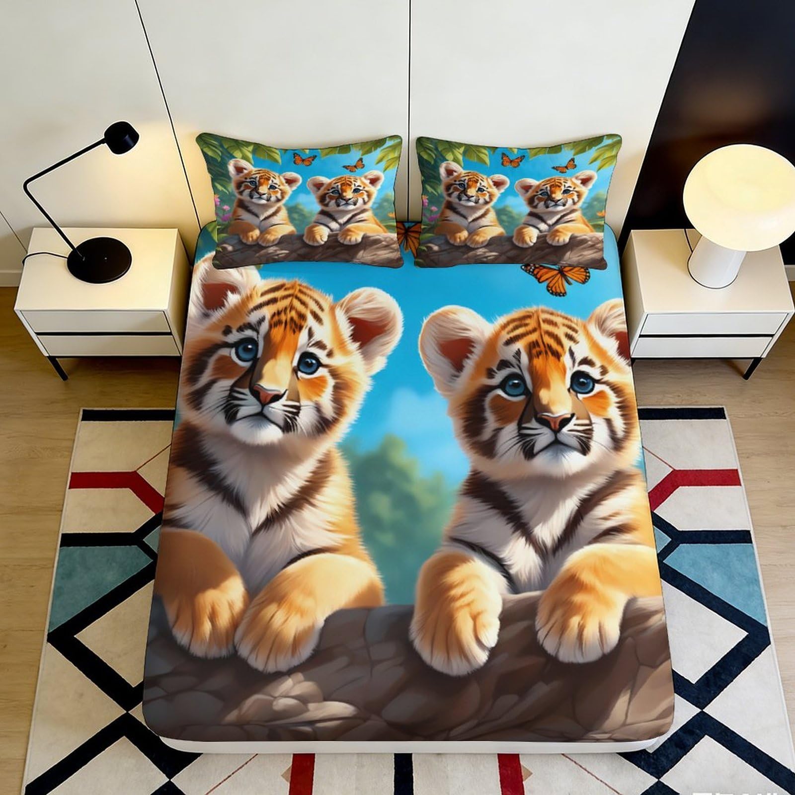3D Printed Tiger Cubs Fitted Sheet Microfiber Soft Animal Bed Cover for Bedroom Guestroom Dorm Mattress Decor 90x200x25cm