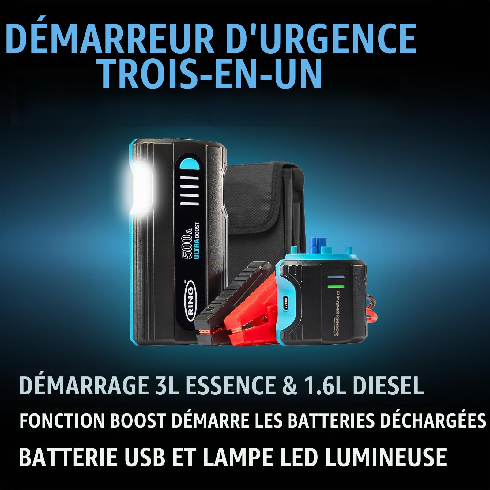 RING Ultraboost Démarreur de Batterie de Voiture 500 A – Démarre en Toute sécurité jusqu'à 3 litres d'essence et Moteurs Diesel de 1,5 Litre – Booster de Batterie avec câbles de démarrage, Batterie