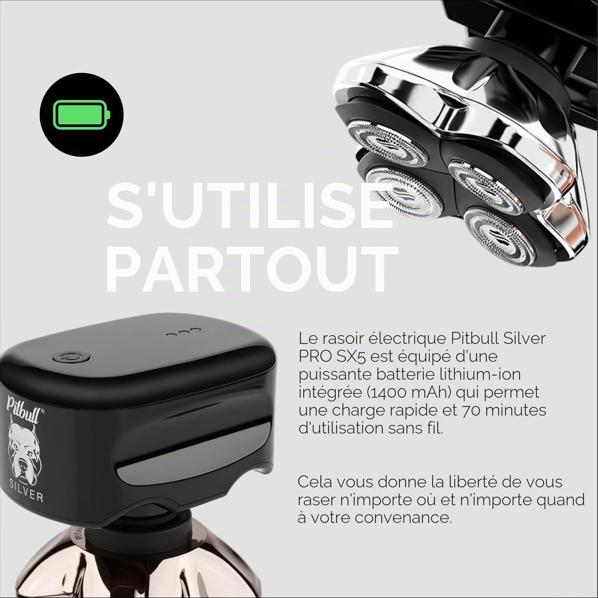 Skull Shaver Pitbull Silver Pro SX5 - Rasoir Tête et Visage - Électrique pour Homme, Humide et Sec, Sans Fil, Résistant à l’Eau - Performances Améliorées