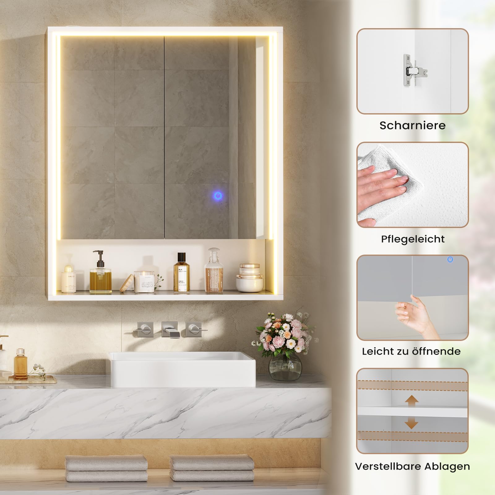 Spiegelschrank mit LED Beleuchtung, Steckdose & 3 Farbtemperaturen | Dimmbare Badezimmerschrank mit verstellbaren Regalen, HD Spiegel, Touch-Sensor, Doppeltür Hängeschrank 60x70x19 cm, Weiß