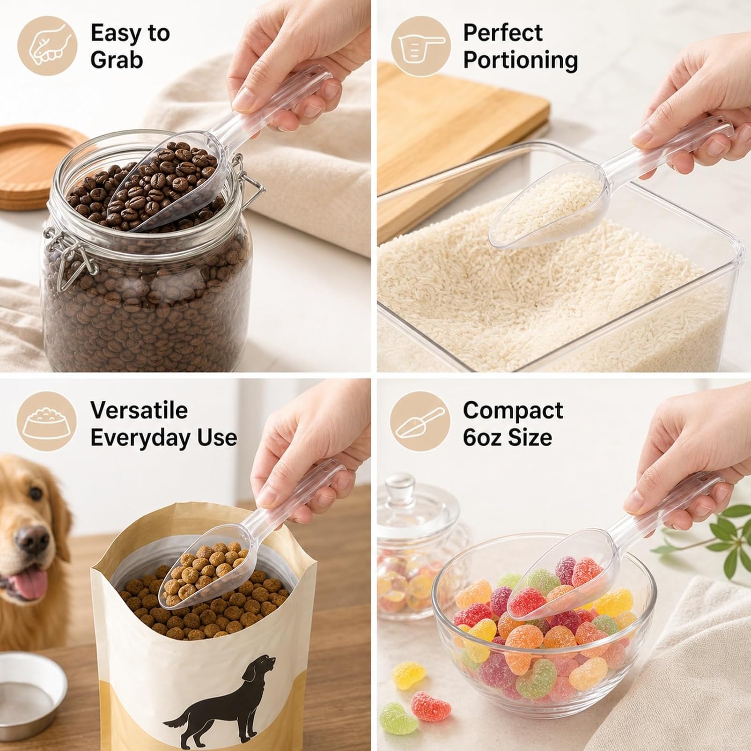 Resin Plastic Ice Scoop with Hook, 6 oz BPA-Free Freezer Scooper for Ice Machine, Kitchen, Bar, Pet Food, Flour, Candy & Popcorn(1 Pack)