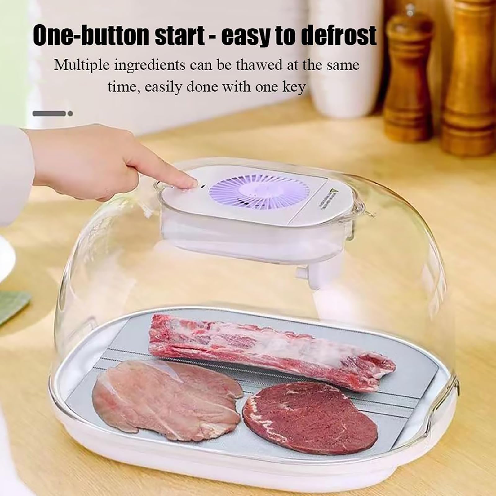 Frozen Meat Quick Defrosting Tray, Rechargeable Meat Defrosting Tray with Cover, Large Capacity 3D Circulating Wind Thawing, Detachable and Easy to Clean, for Frozen Steak, Chicken, Fish