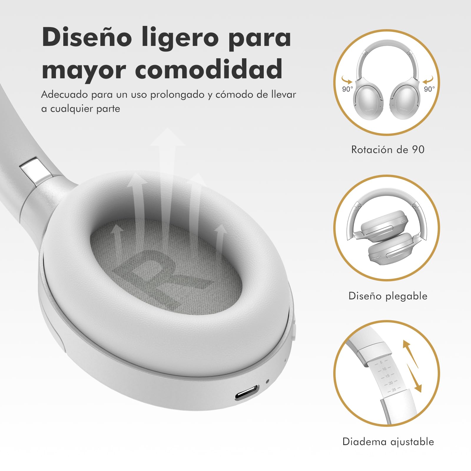 Srhythm NC45 Auriculares con cancelación Activa de Ruido, Auriculares inalámbricos Bluetooth sobre la Oreja con micrófono de Graves Profundos, Plegables y duraderos, Tiempo de reproducción de 40H