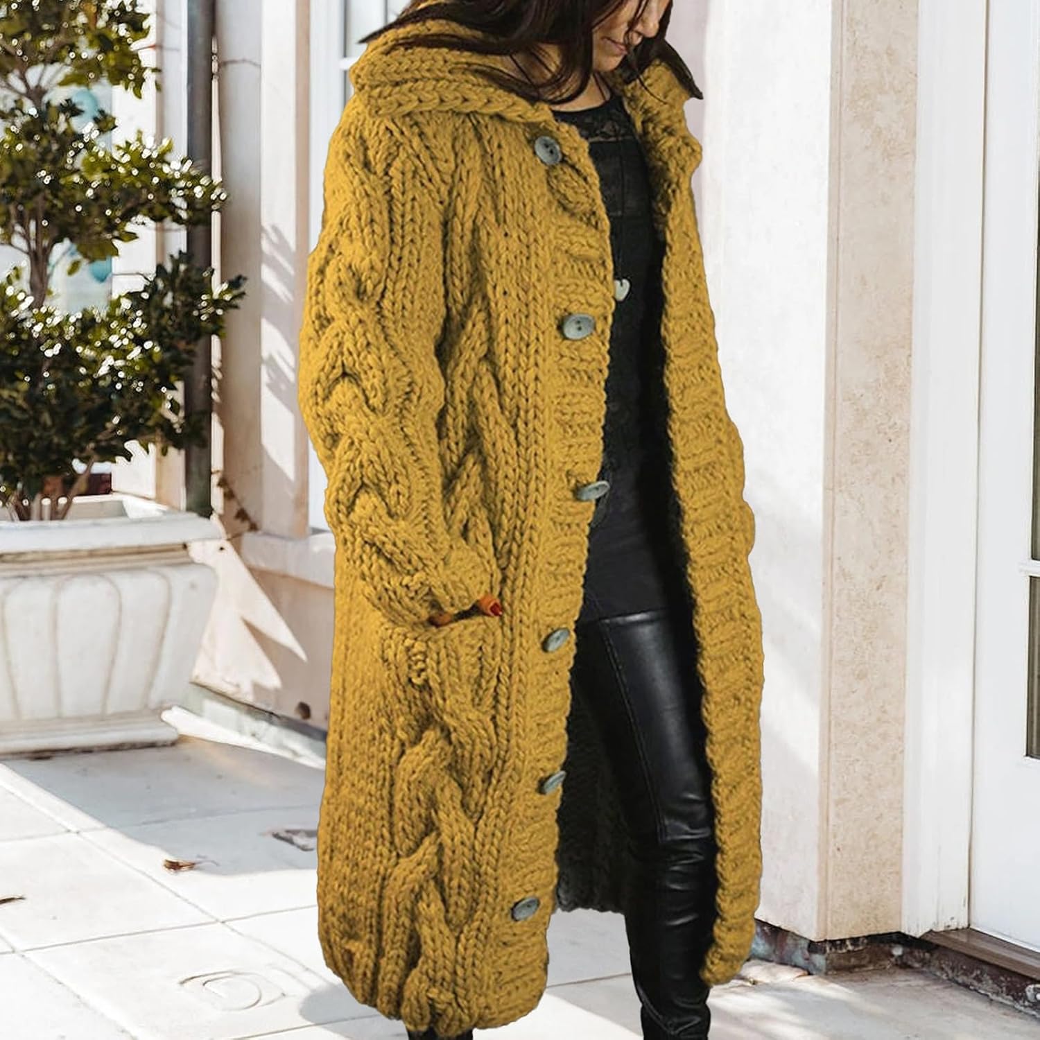 Long Cardigan Sweaters for Womens Fall Cable Knit Casual Coats Long Sleeve Button Open Front Winter Plus Size Sweater - Image 3