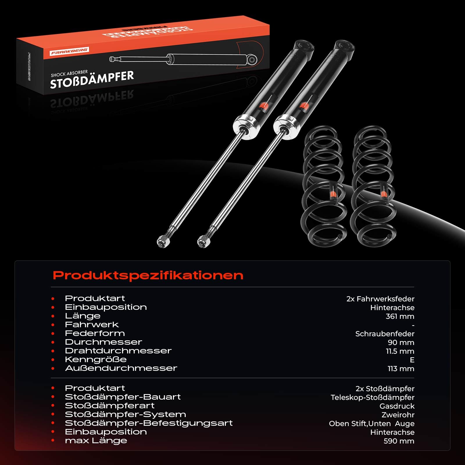 Frankberg 2 amortiguadores + 2 muelles de suspensión traseros izquierdo y | 590 mm, Presión de GAS; Compatible con: Golf VI Variante AJ5, Golf Plus 521 5M1, Golf V Variante 1K5