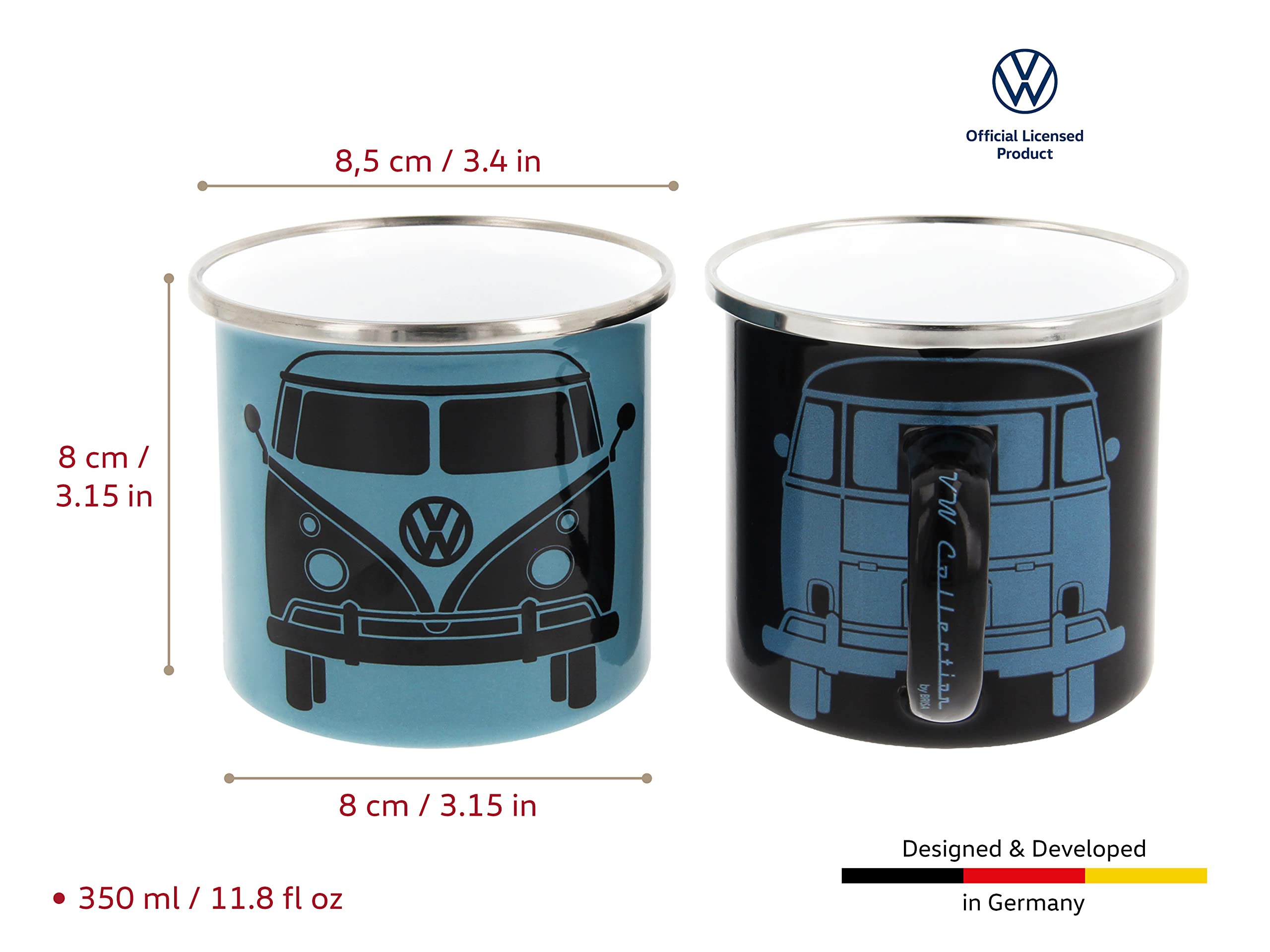 BRISA VW Collection - Volkswagen Set di 2 tazze in metallo smaltato da tè, caffè, latte, cappuccino, Campervan Bus T1 design 350 ml x2 (Nero & Azzurro Scuro)