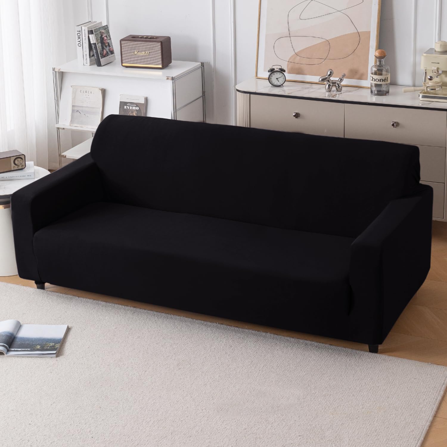 HOKIPO 'SereneSolids' 140 GSM Sofa Cover for 4 Seater | Stretch Fit | Fully Covered, Black (AR-6242-BLK)