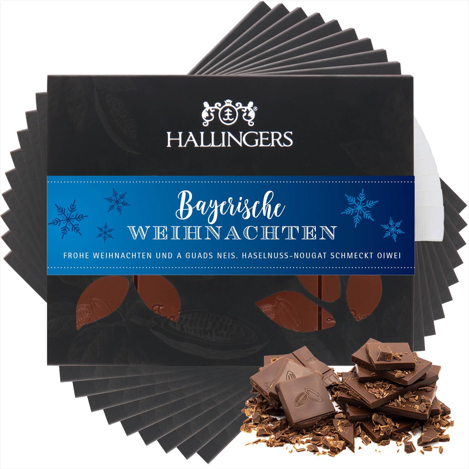 Hallingers Genuss Manufaktur Schokolade Weihnachts-Geschenk - Tafel Edelkakao handgeschöpft ohne Alkohol edler Karton 10x "Bayerische Weih..." Haselnuss, Weihnachten für Frauen Männer
